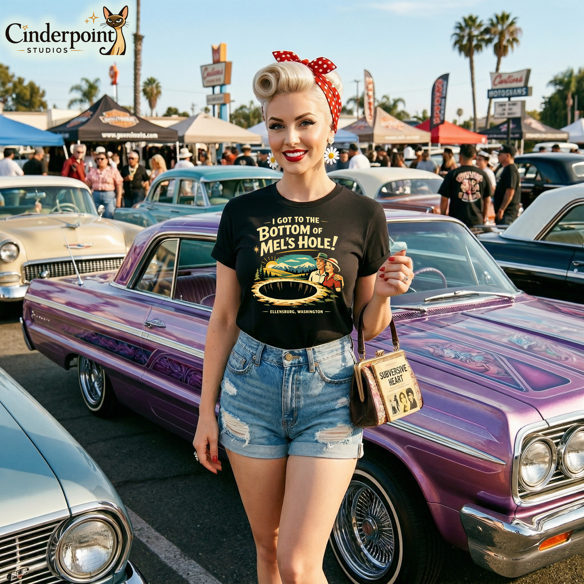 A rockabilly woman at a classic car show wearing our Black retro graphic t-shirt featuring a vintage travel-style illustration of smiling tourists beside a giant mysterious hole with the phrase I Got to the Bottom of Mel’s Hole and Ellensburg, Washington.