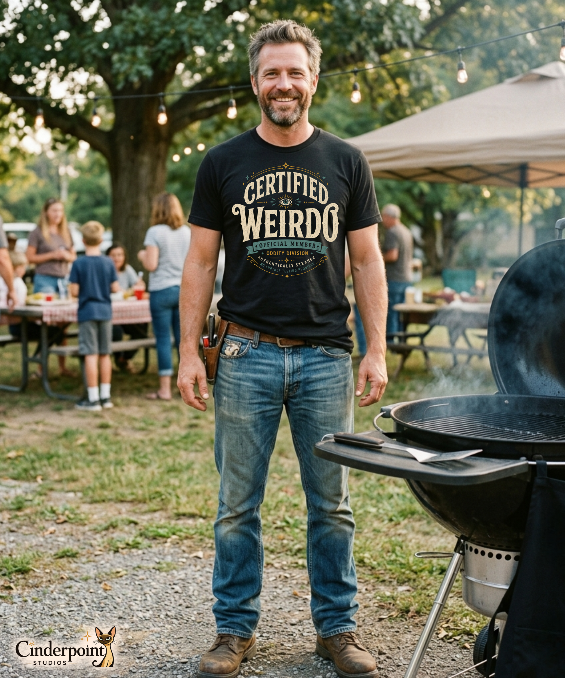 A man wearing a black graphic tee with the Certified Weirdo artwork by Cinderpoint Studios, styled as a boutique retro weirdo shirt with all-seeing eye details, Oddity Division text, and Authentically Strange wording.