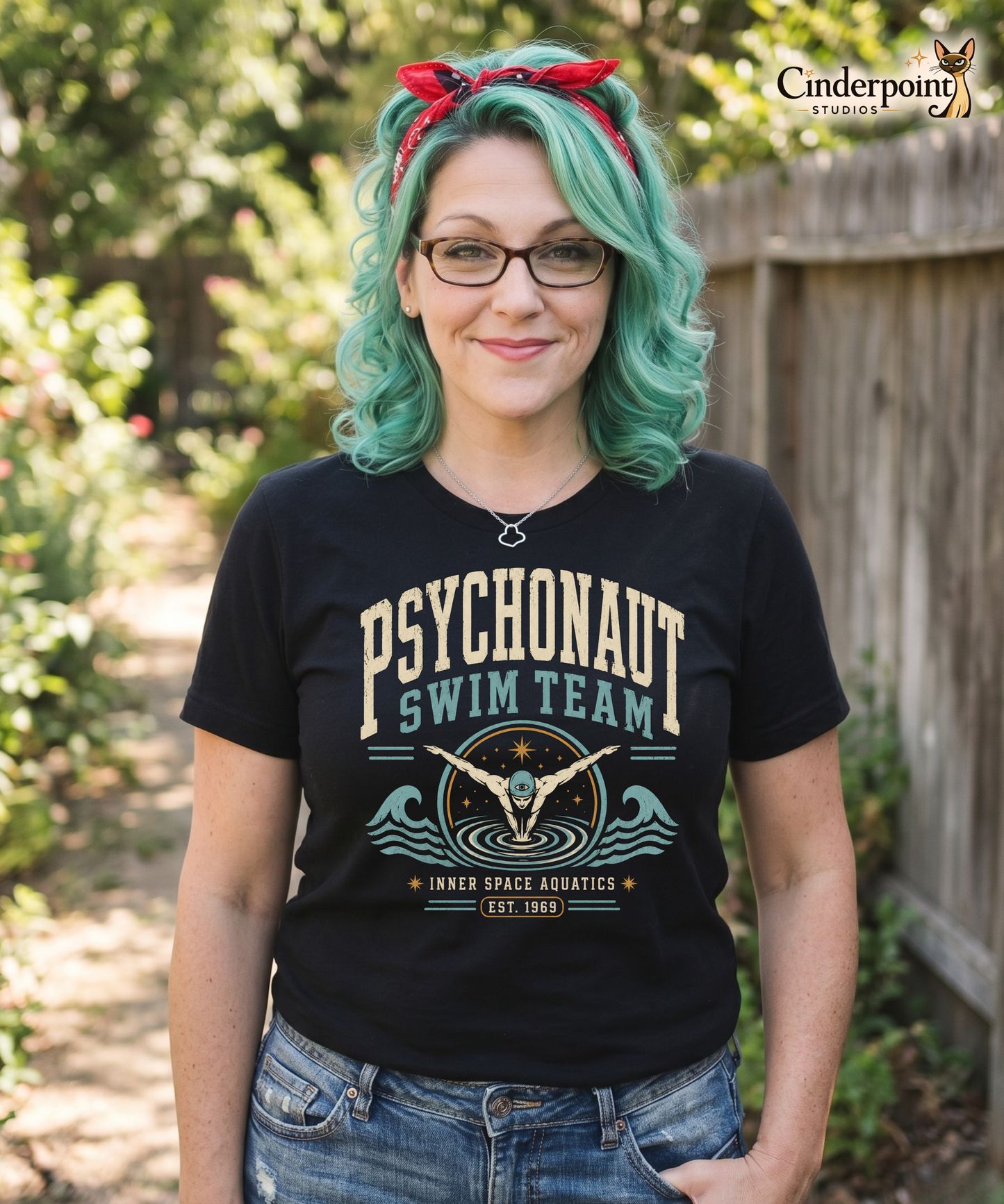 Woman wearing black Psychonaut Swim Team graphic tee with inner space aquatics design and distressed vintage lettering