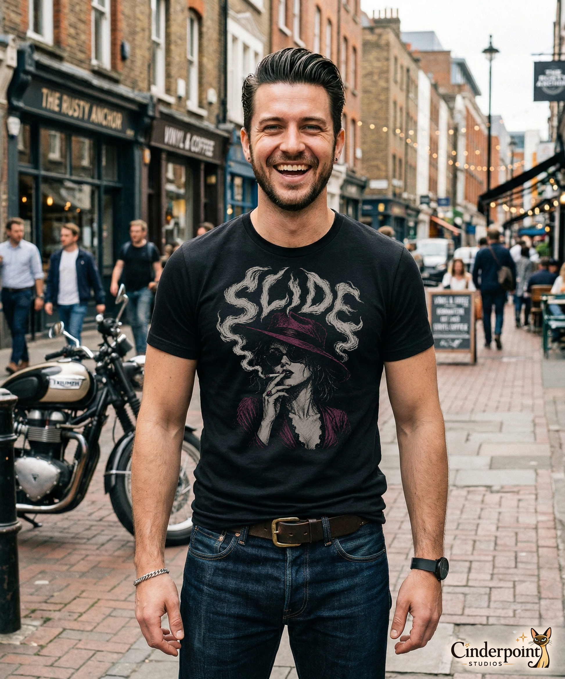 A happy guy on the street wearing A gritty, high-contrast artistic portrait of Marla Singer on a black t-shirt, featuring her iconic stoic nature, sunglasses, and a cigarette.