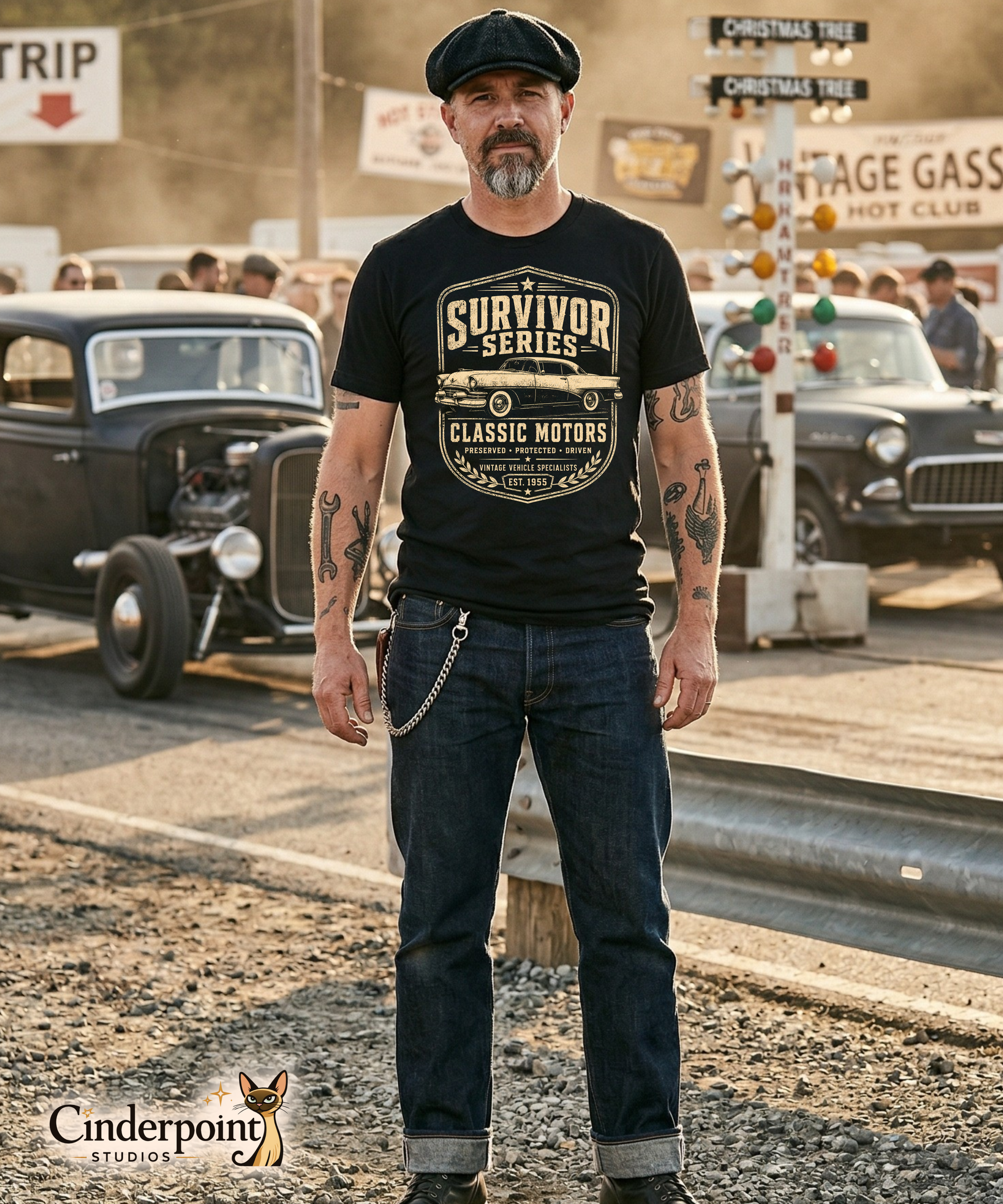 Black graphic tee featuring original Cinderpoint Studios artwork for Survivor Series Classic Motors, a one-color vintage car badge design with a classic car profile, bold retro lettering, laurel accents, and Preserved Protected Driven text.