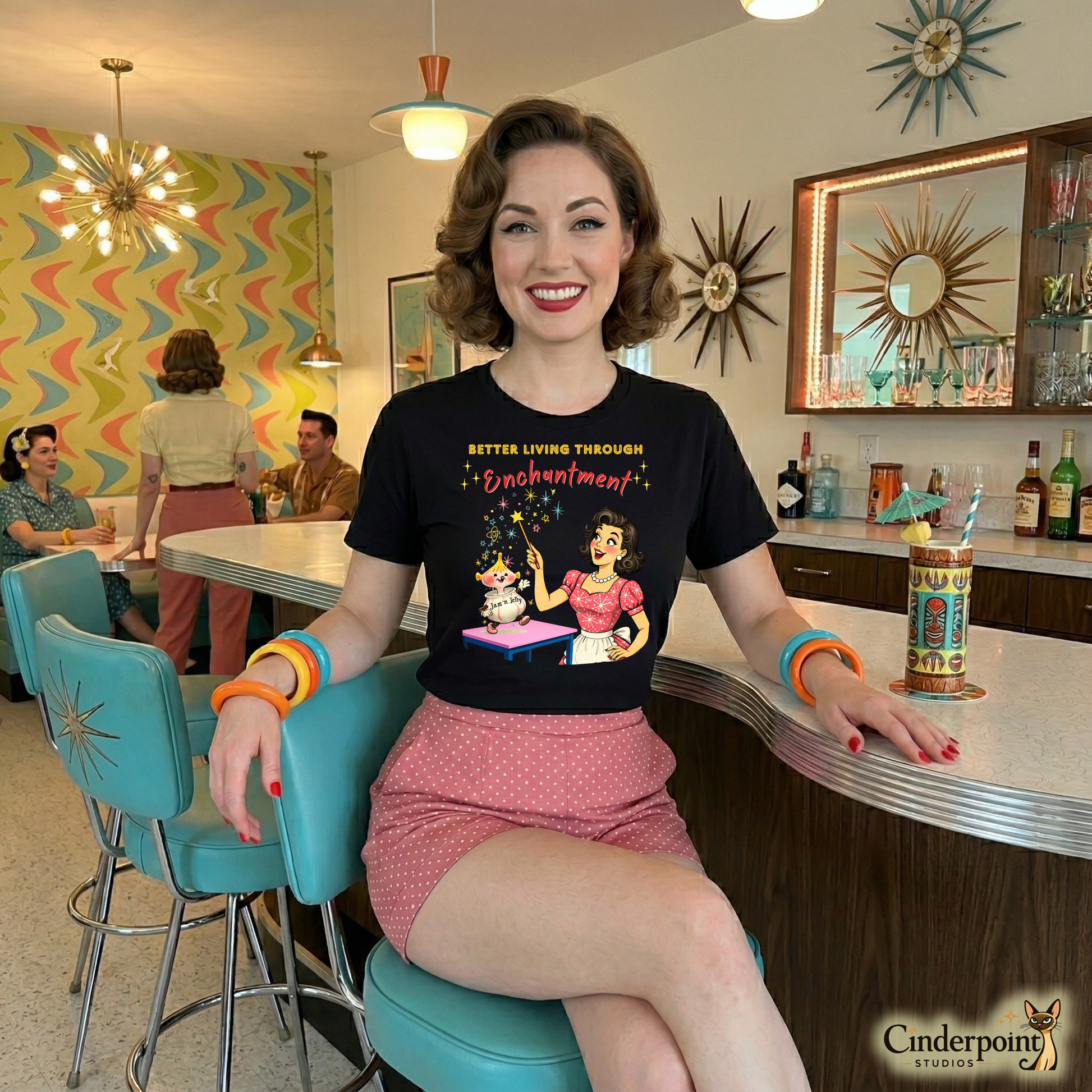 A cheerful woman with vintage styling wearing the Better Living Through Enchantment shirt at a mid-century modern tiki bar.