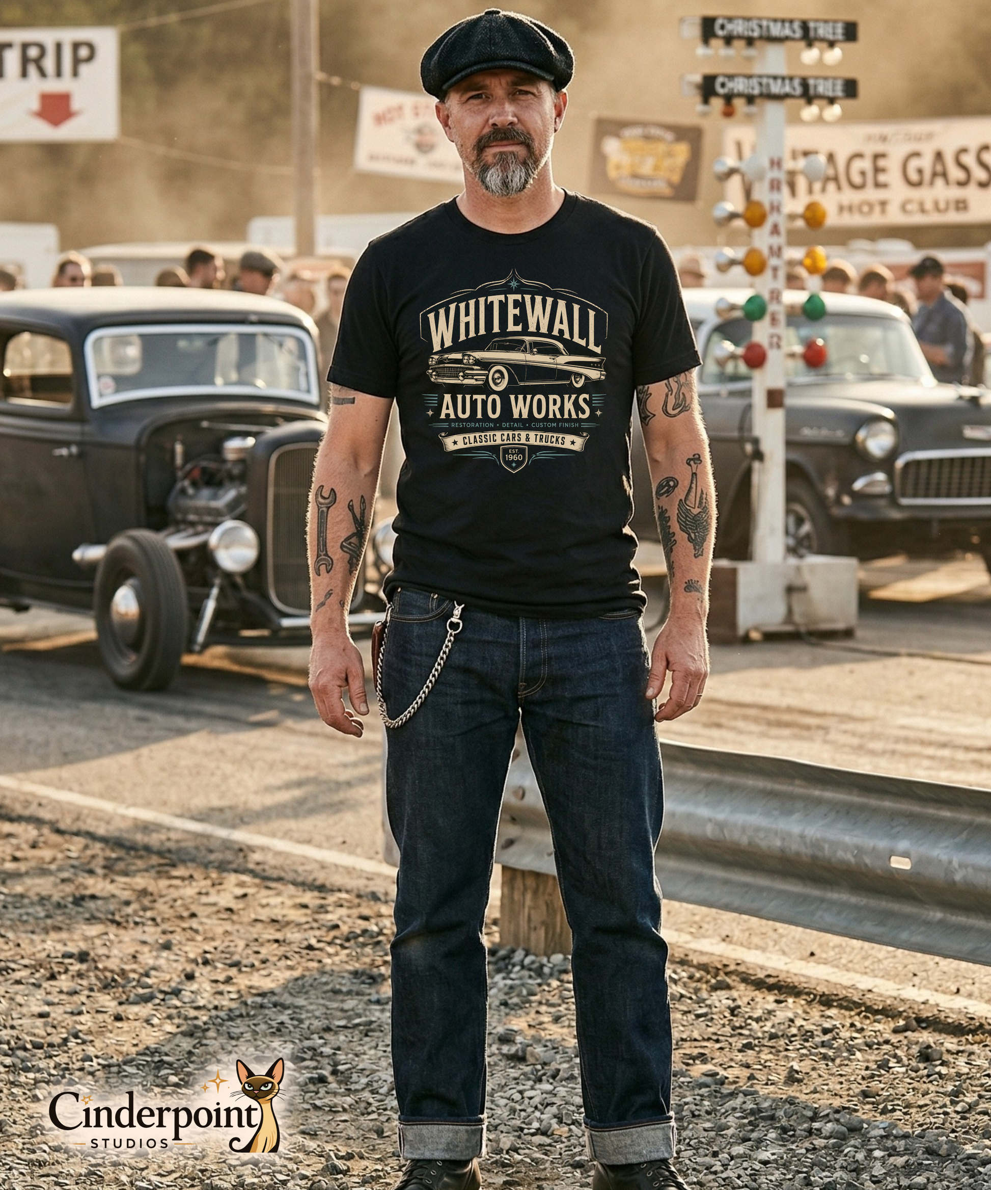 Man wearing a black t-shirt with 'WhiteWall Auto Works' text, standing in front of vintage cars.