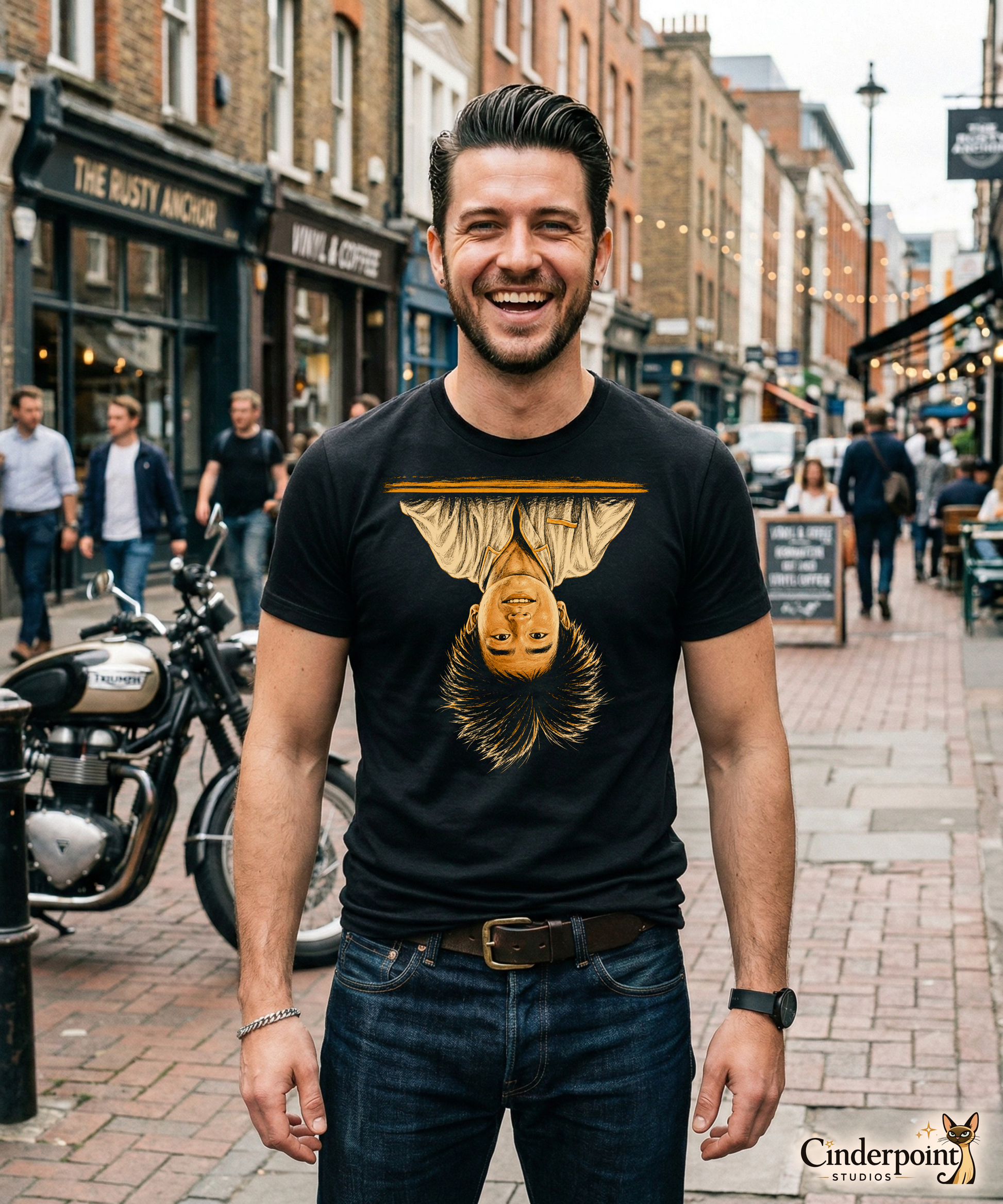 Happy man on the street wearing A black t-shirt featuring the iconic image of Long Duk Dong upside down from the scene "What's Happenin Hot Stuff" in the 80s comedy Sixteen Candles.