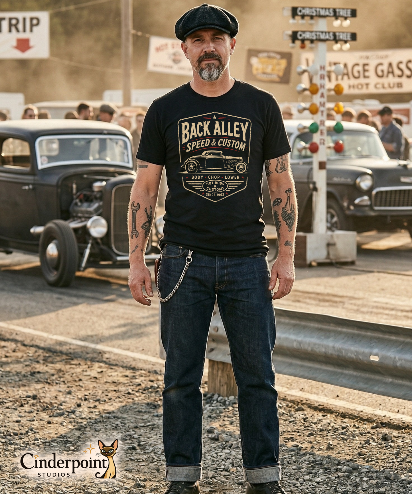 Man at a drag strip wearing a black graphic tee featuring original Cinderpoint Studios artwork for Back Alley Speed & Custom, a retro hot rod garage design with a chopped custom car profile, bold distressed lettering, red accent details, Body Chop Lower text, and Hot Rods & Customs badge.