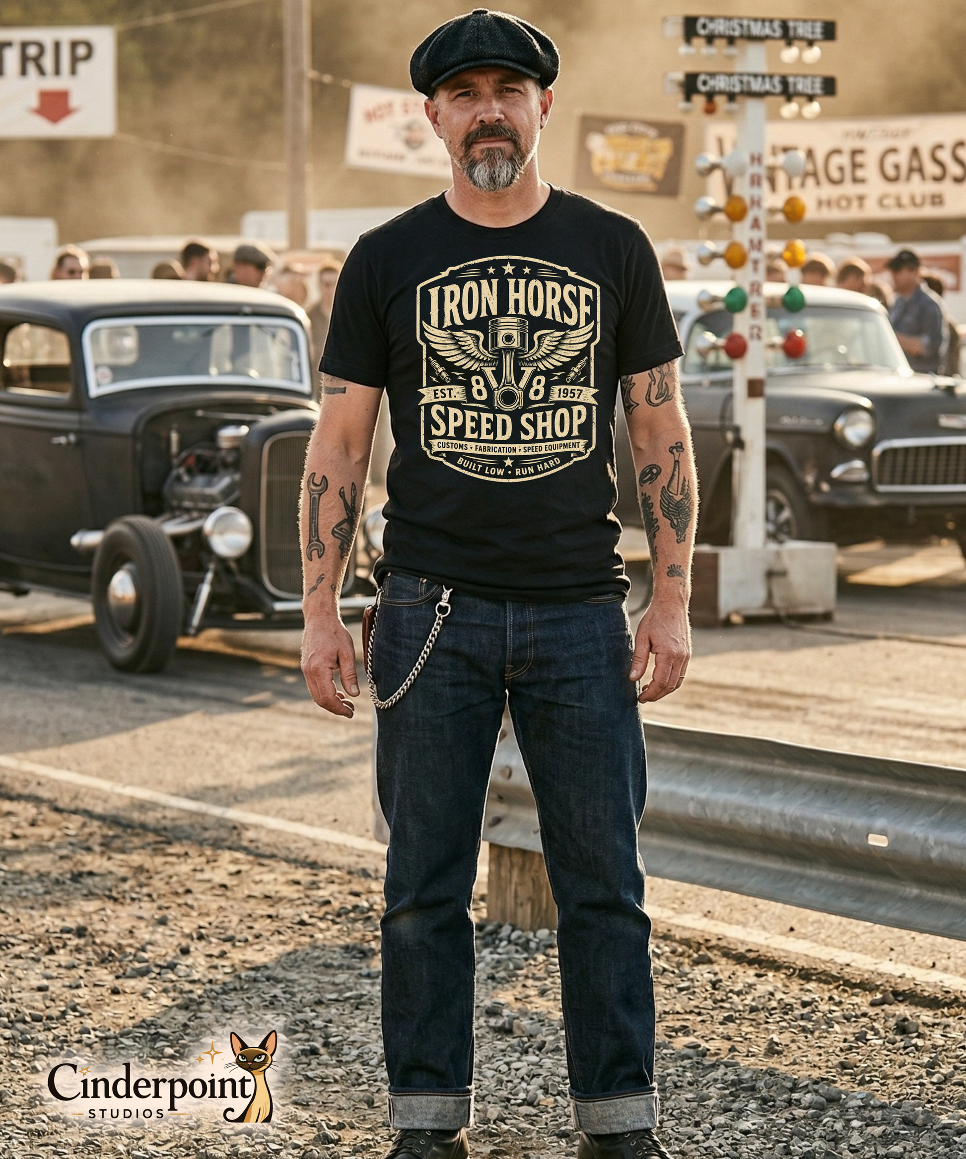 Man wearing a black graphic tee featuring original Cinderpoint Studios artwork for Iron Horse Speed Shop, a one-color retro garage badge design with winged piston artwork, spark plugs, stars, banner details, V8 text, and Built Low Run Hard lettering.