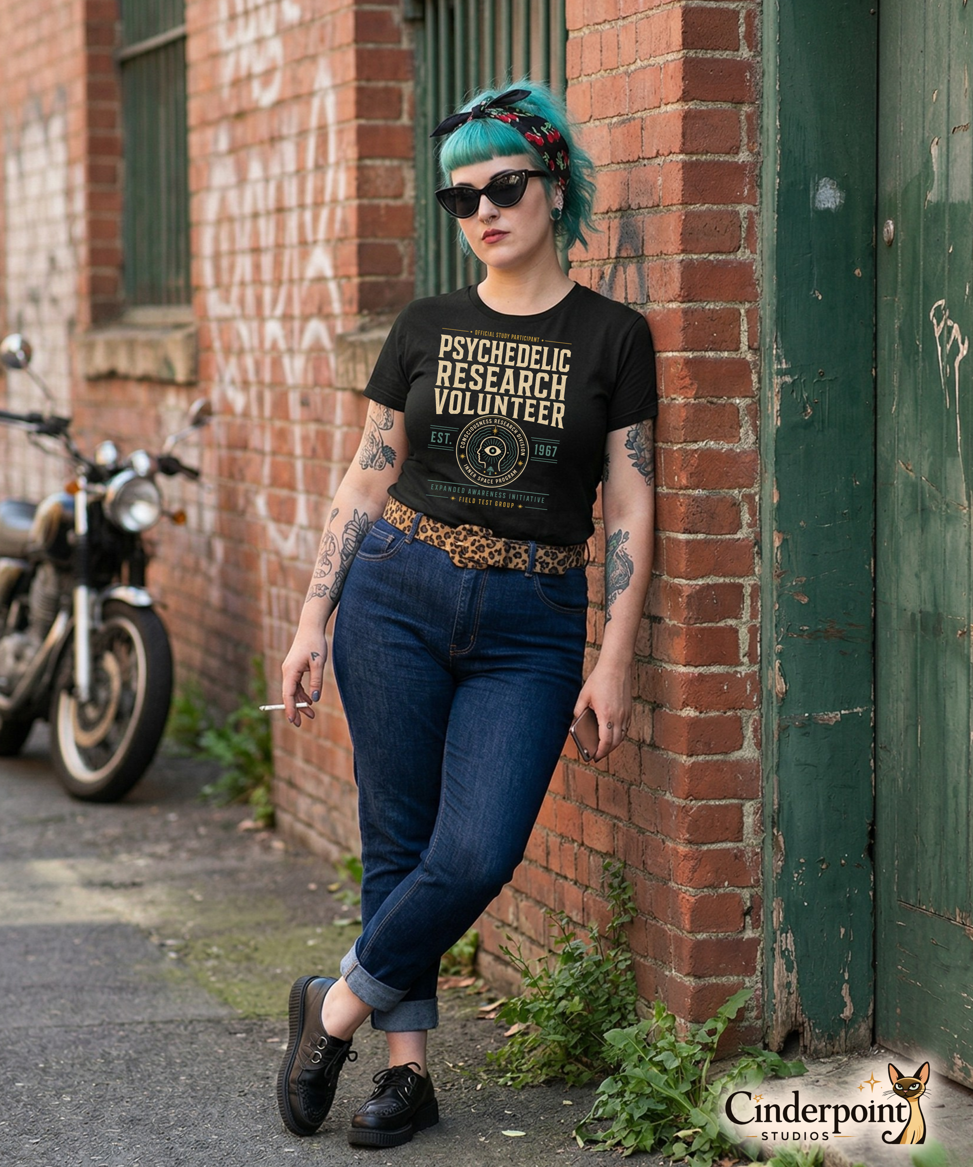 Female lifestyle mockup wearing black Psychedelic Research Volunteer t-shirt with funny inner space research design