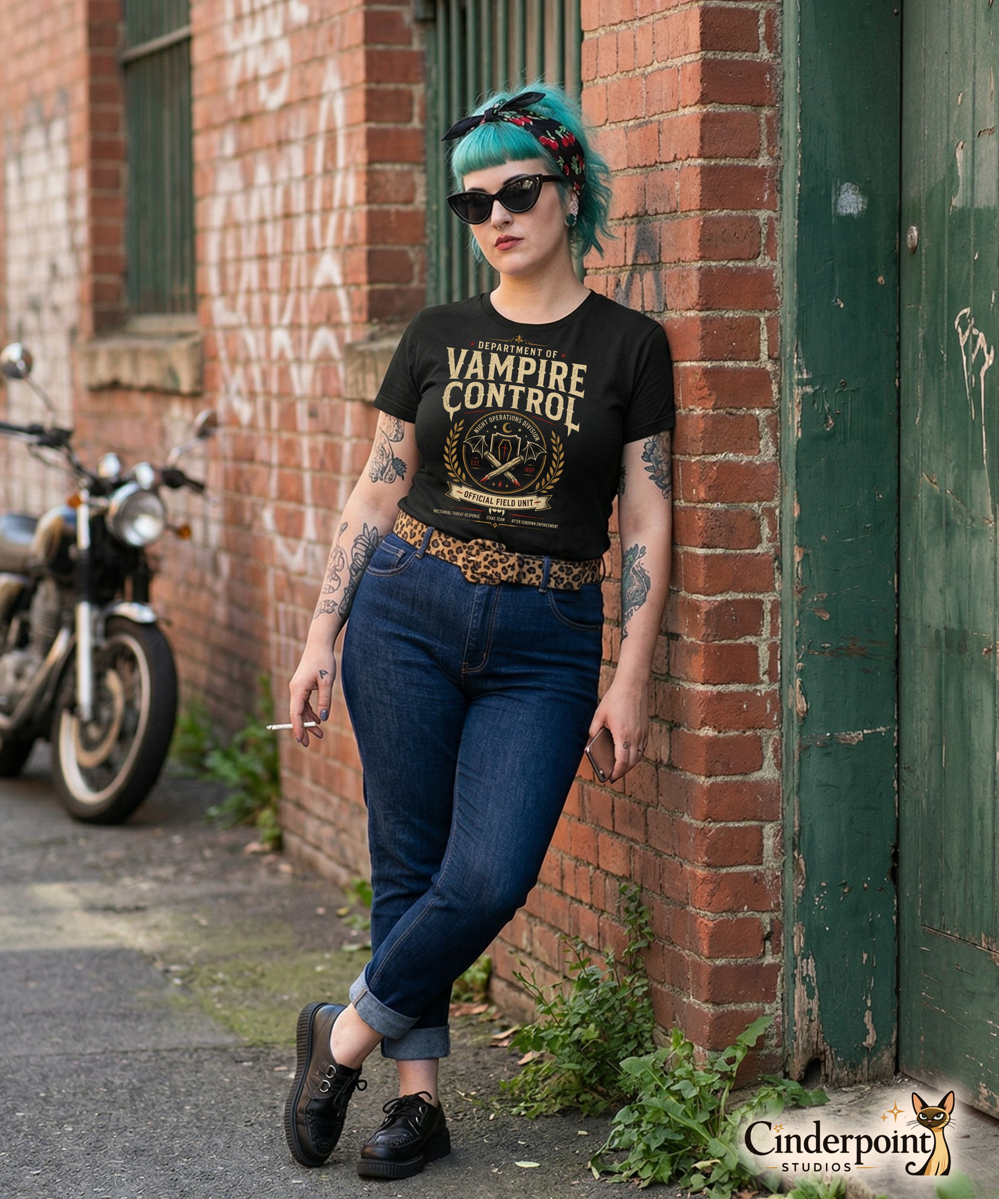 Female lifestyle mockup wearing black Department of Vampire Control t-shirt with retro vampire hunter organization design