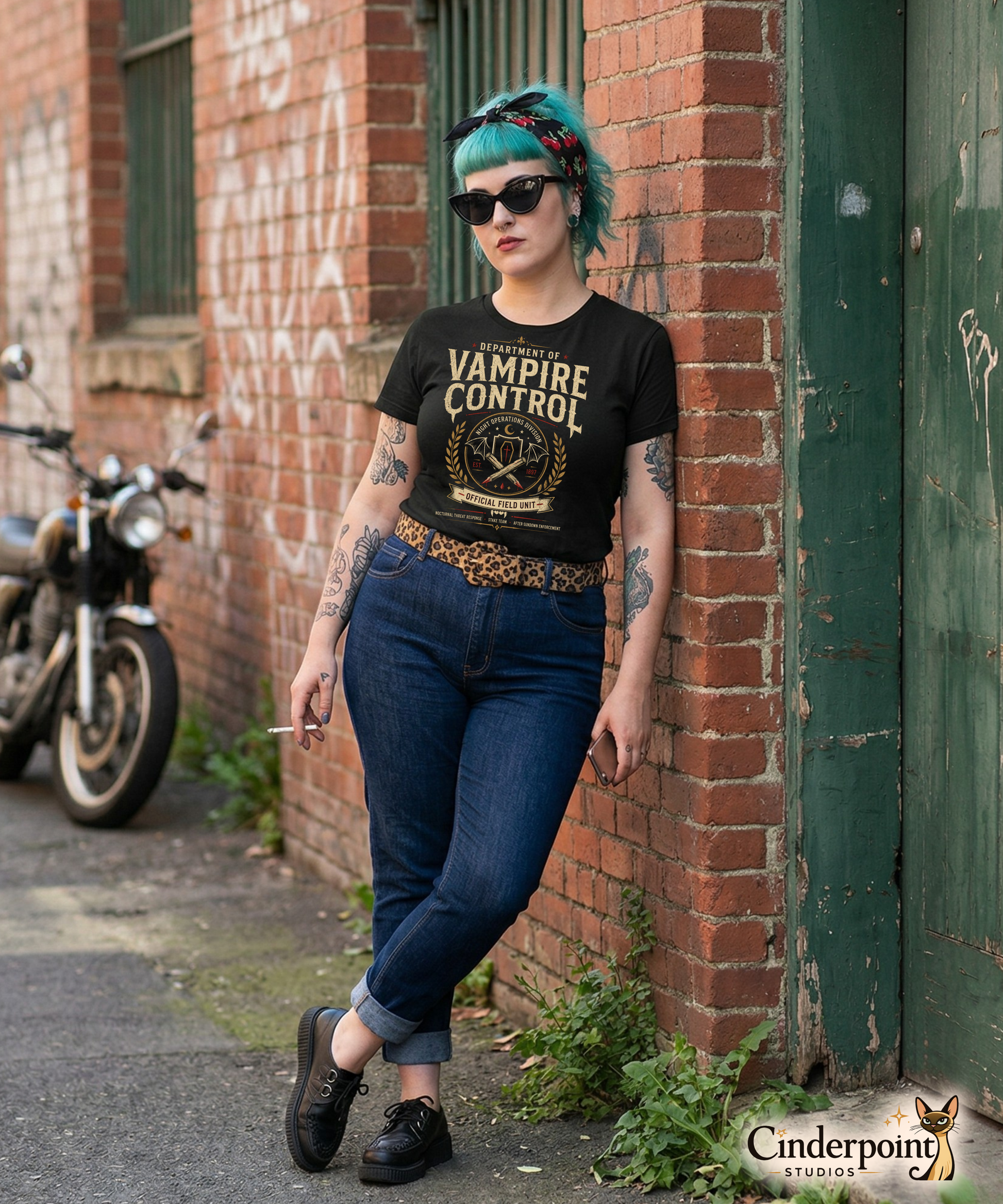 Female lifestyle mockup wearing black Department of Vampire Control t-shirt with retro vampire hunter organization design