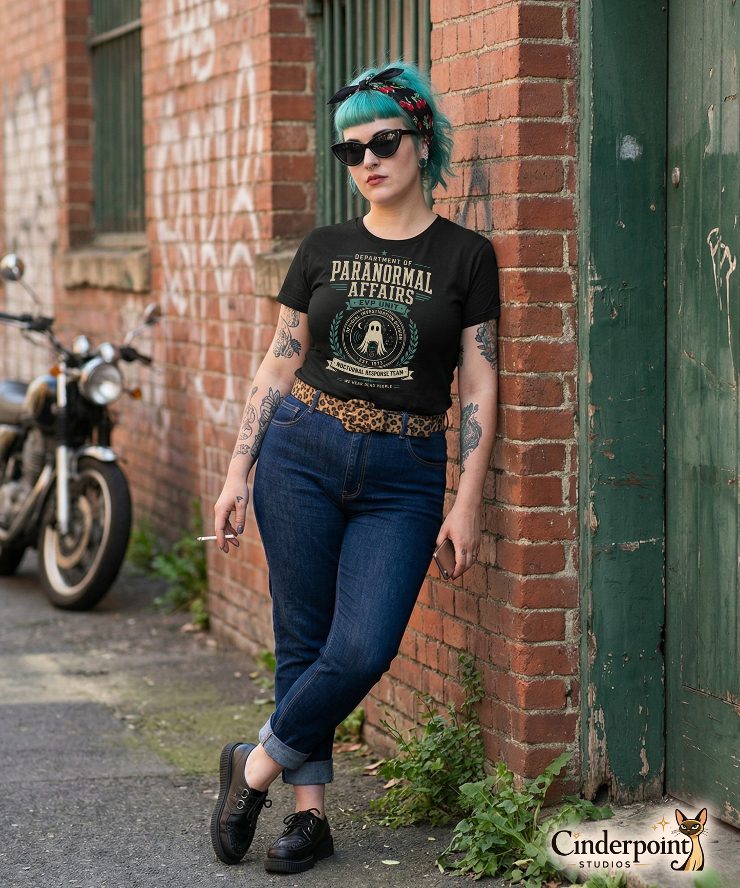 Female lifestyle mockup wearing black Department of Paranormal Affairs t-shirt with retro paranormal investigation design