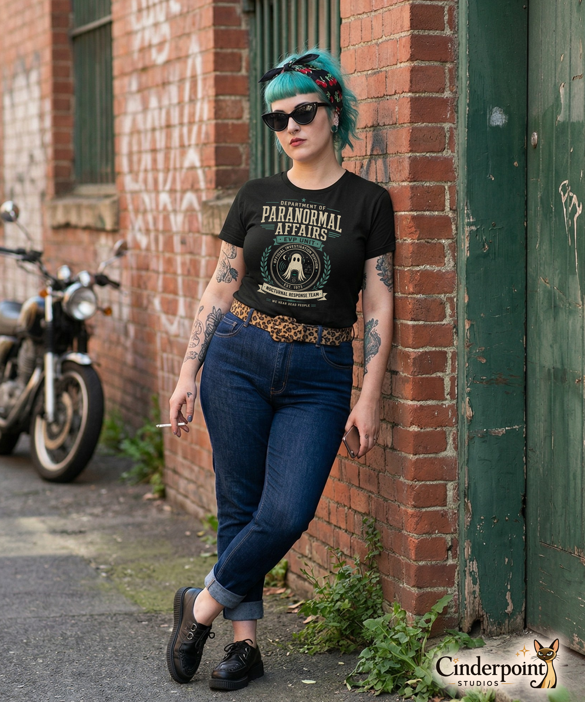 Female lifestyle mockup wearing black Department of Paranormal Affairs t-shirt with retro paranormal investigation design