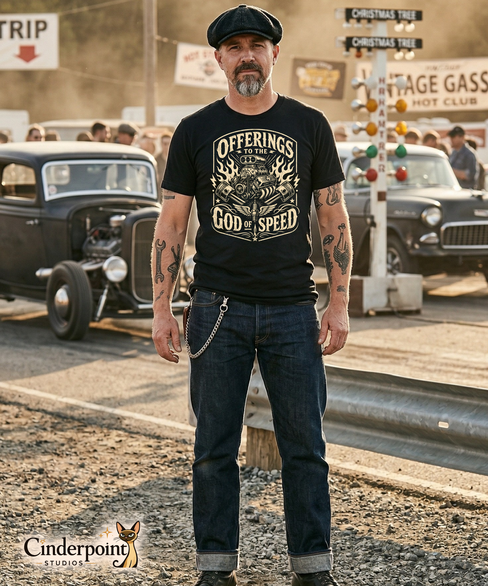 A man wearing a black graphic tee featuring original Cinderpoint Studios artwork for Offerings to the God of Speed, a one-color retro gearhead design with a supercharged V8 engine, crossed pistons, winged spark plug, flames, lightning bolts, and vintage hot rod lettering.

