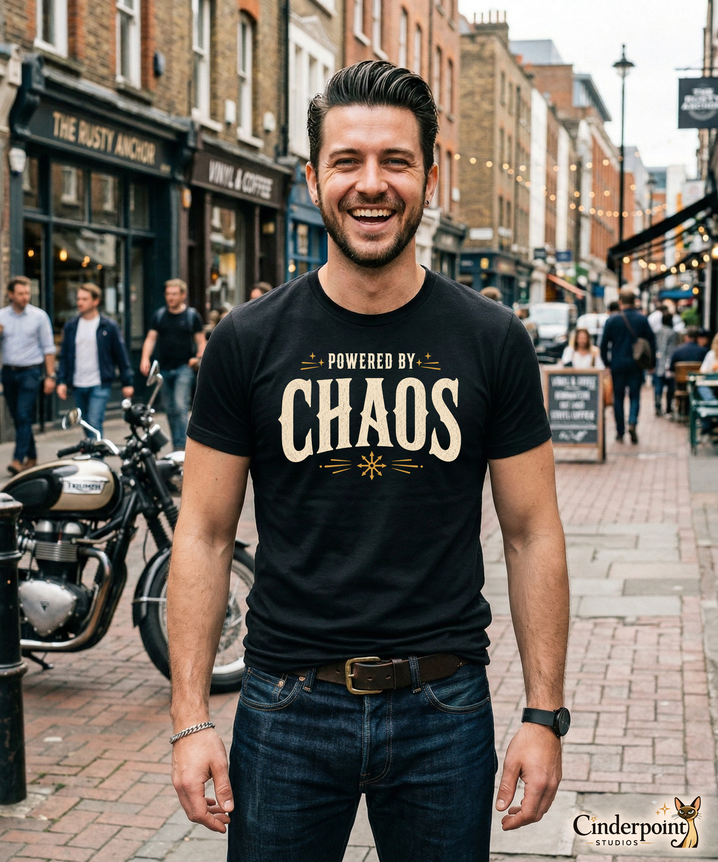 Model wearing black Powered by Chaos t-shirt with vintage typography and chaos magick aesthetic