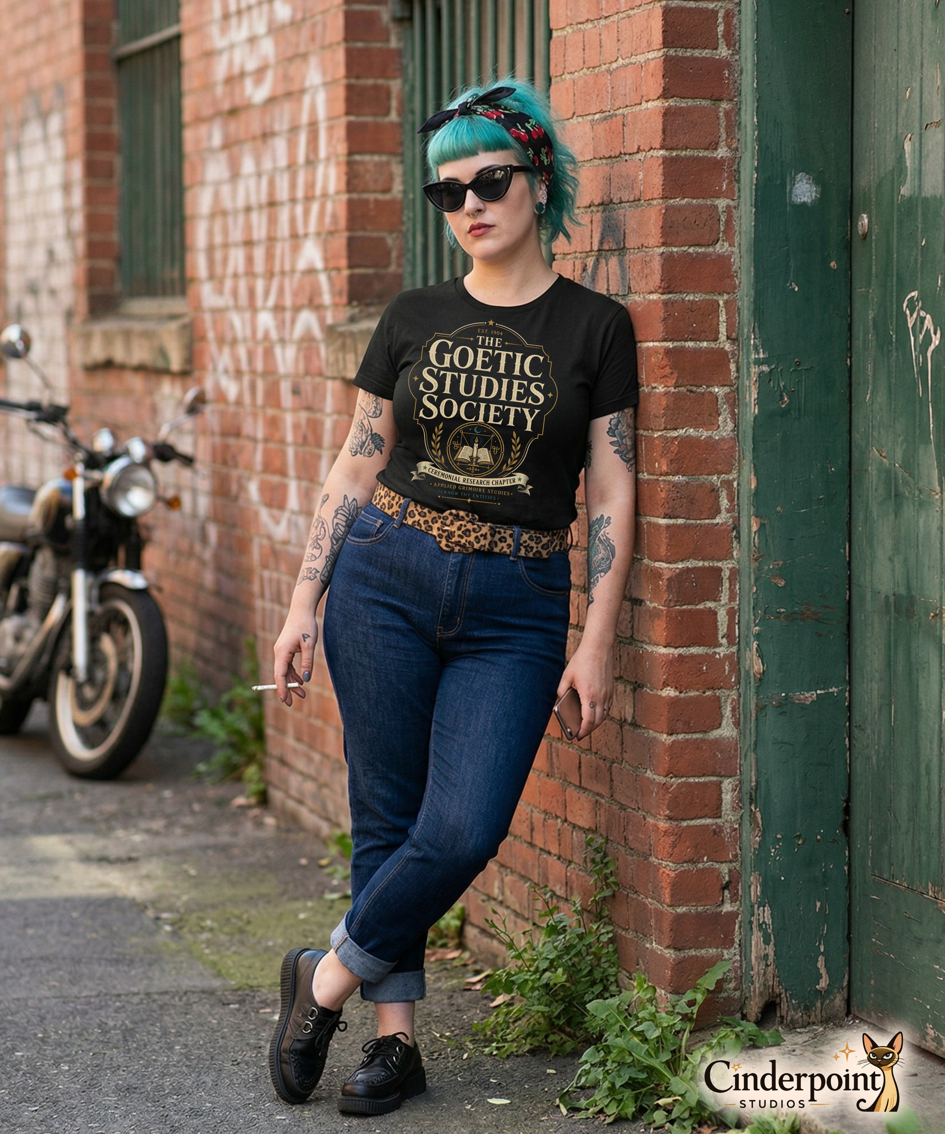 Female lifestyle mockup wearing black The Goetic Studies Society t-shirt with ceremonial magic and grimoire study design