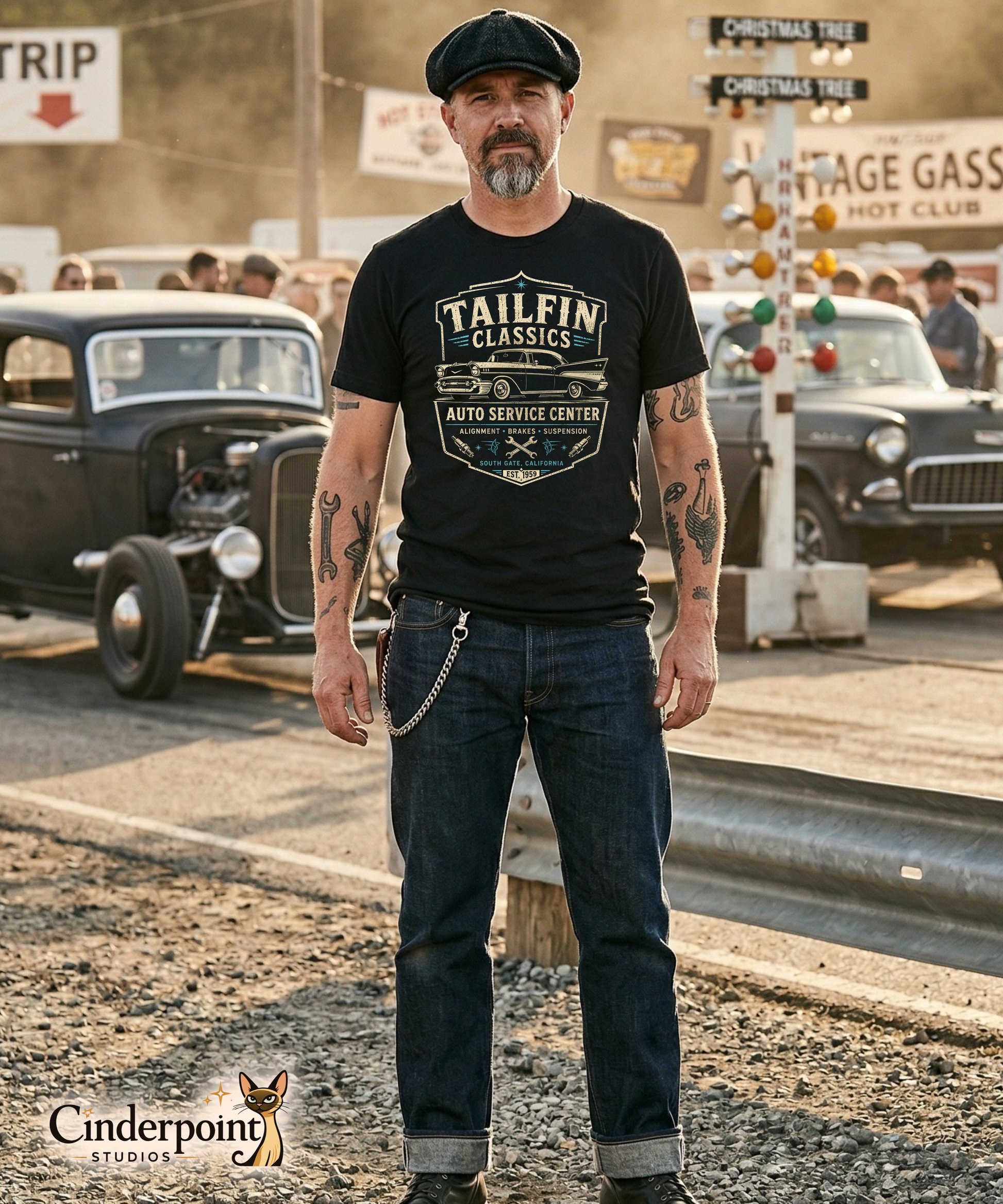 Man wearing a black t-shirt with 'Tailfin Classics' design, standing in front of vintage cars.