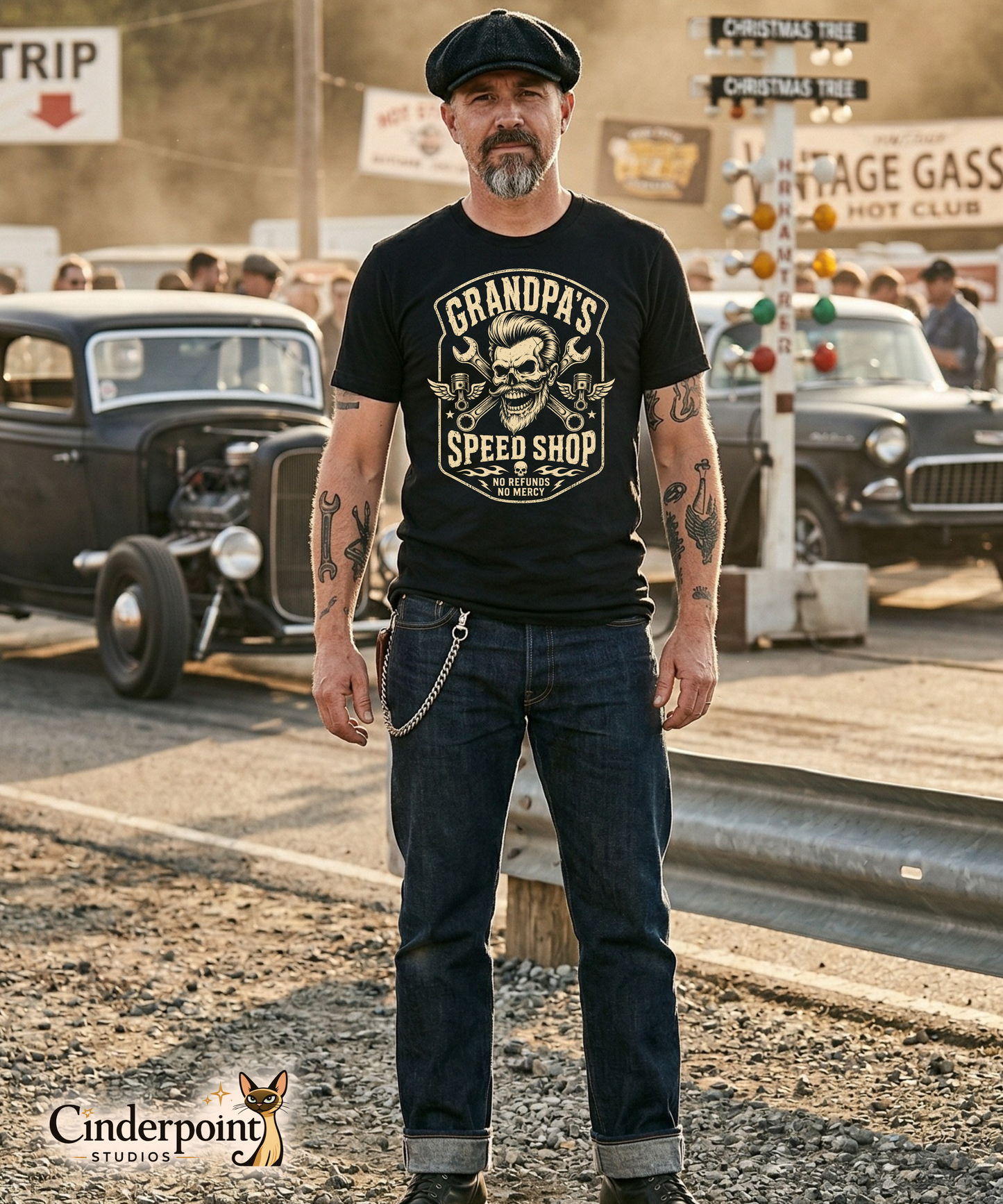 Man wearing a black graphic tee featuring original Cinderpoint Studios artwork for Grandpa’s Speed Shop, a one-color retro garage design with a grinning skeletal grandpa, pompadour, mustache, crossed wrenches, winged pistons, flame accents, and No Refunds No Mercy text.