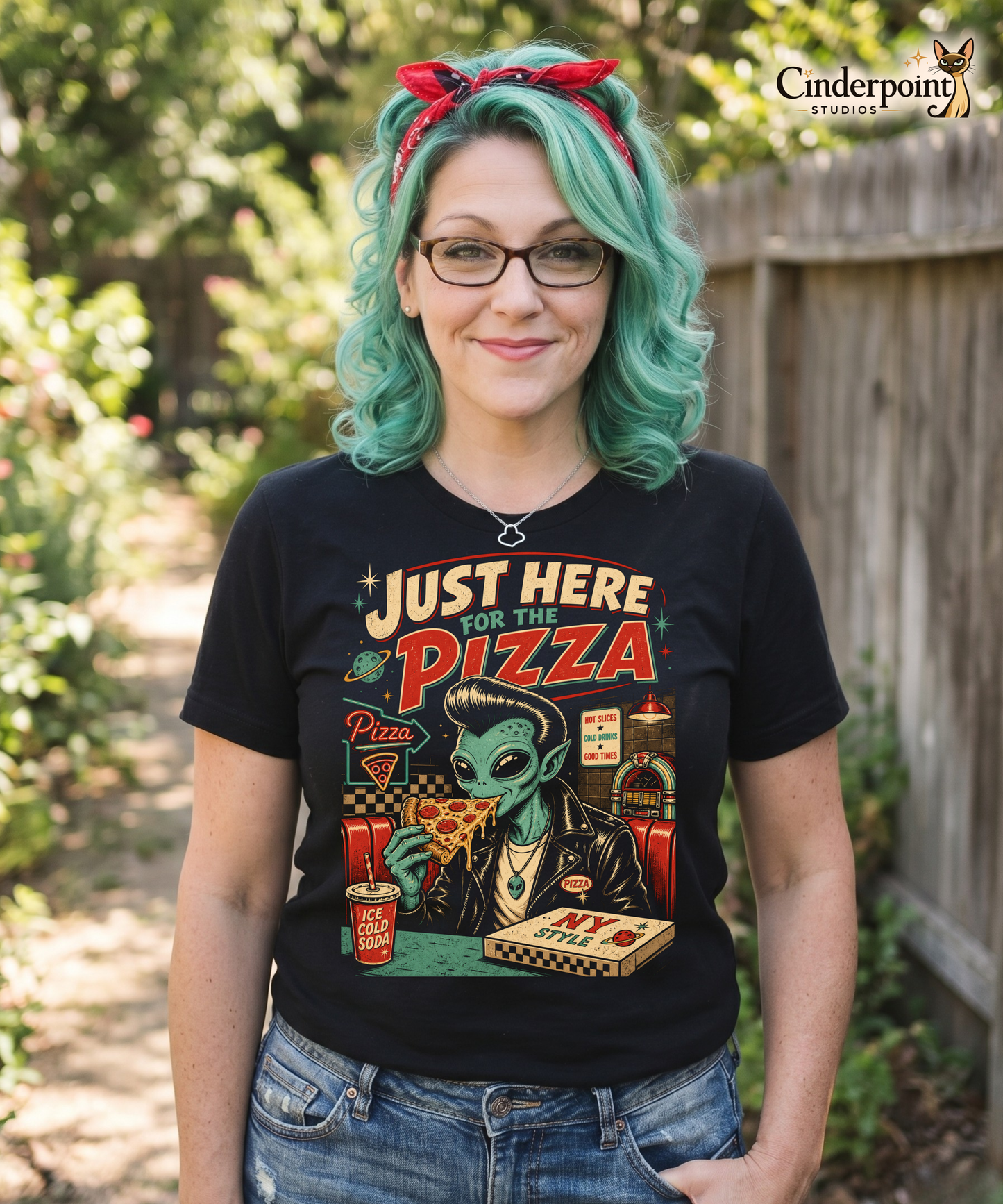 Just Here For The Pizza T-Shirt - Alien Greaser Lowbrow Art Tee
