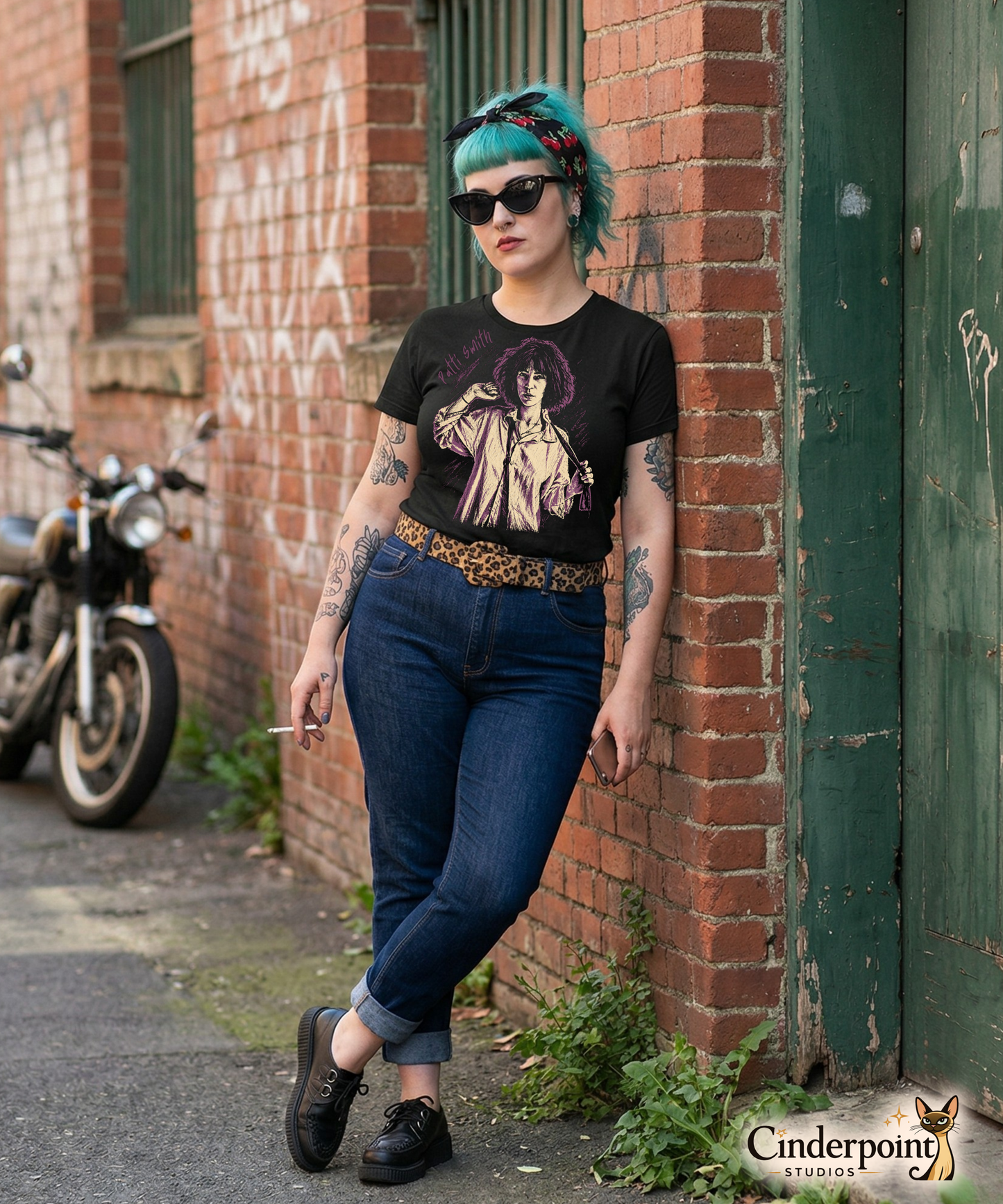 A gritty, high-contrast artistic portrait of Patti Smith on a black t-shirt, capturing her iconic 1970s punk poetess aesthetic.