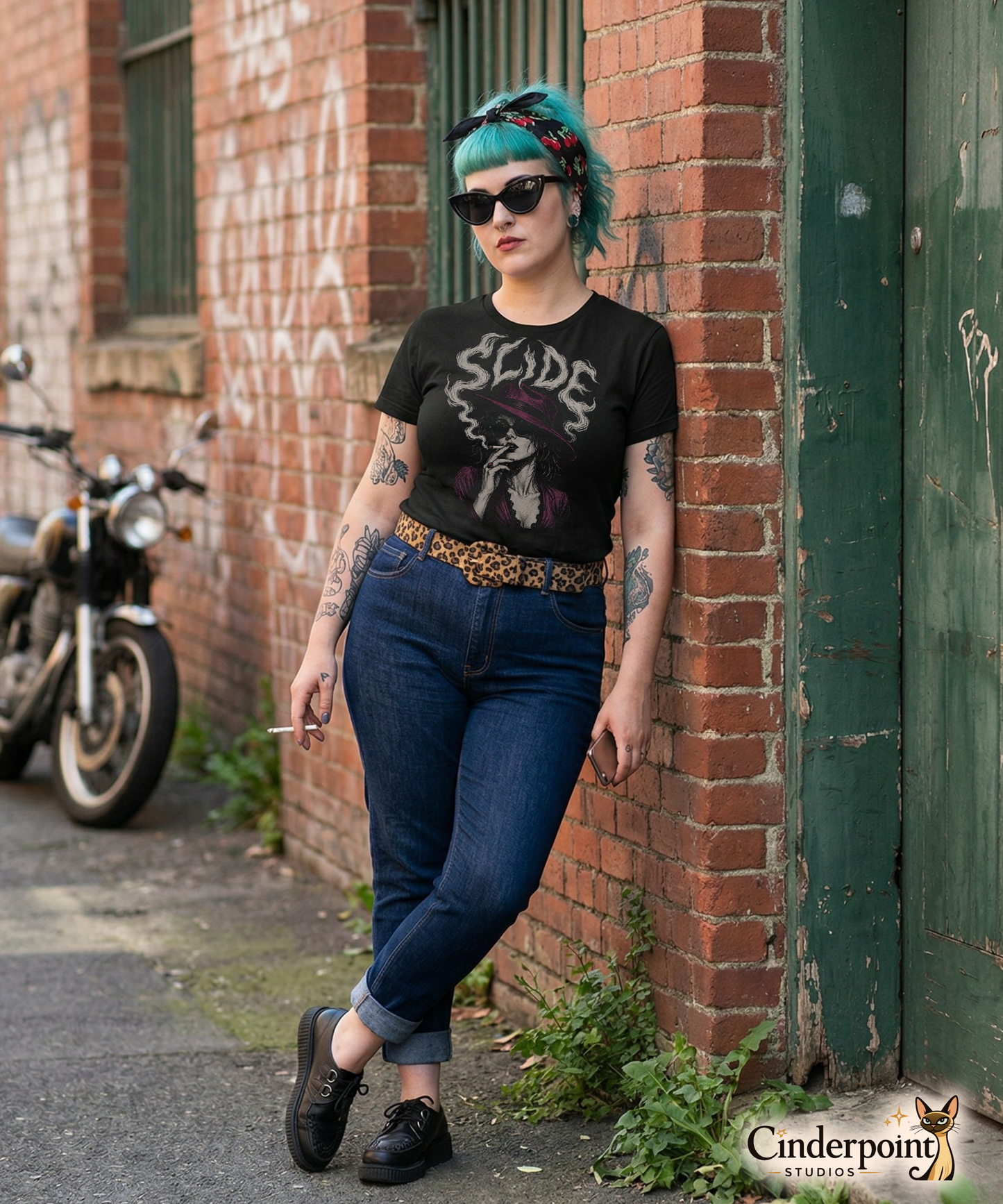 Punk girl wearing A gritty, high-contrast artistic portrait of Marla Singer on a black t-shirt, featuring her iconic stoic nature, sunglasses, and a cigarette.