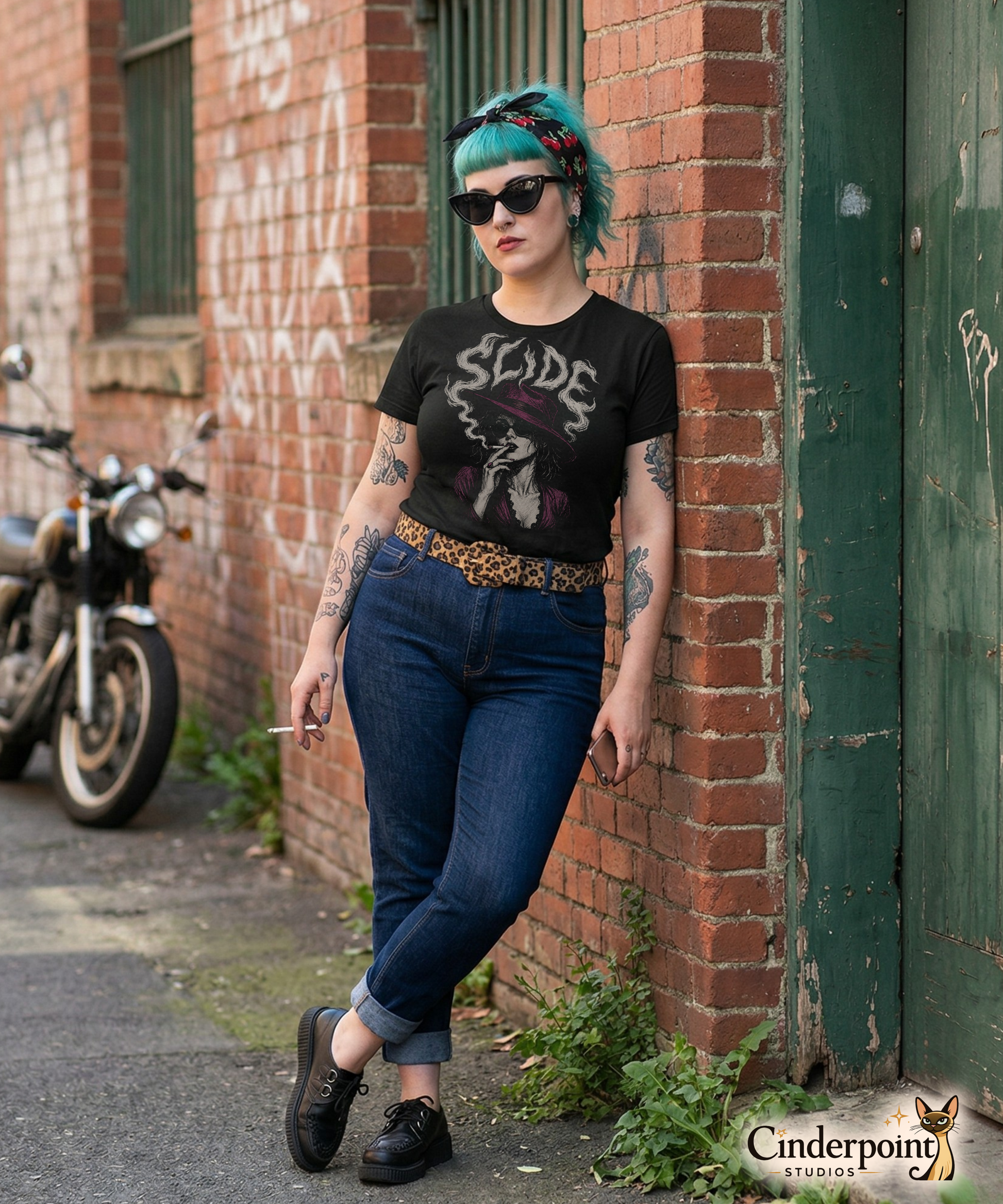Punk girl wearing A gritty, high-contrast artistic portrait of Marla Singer on a black t-shirt, featuring her iconic stoic nature, sunglasses, and a cigarette.