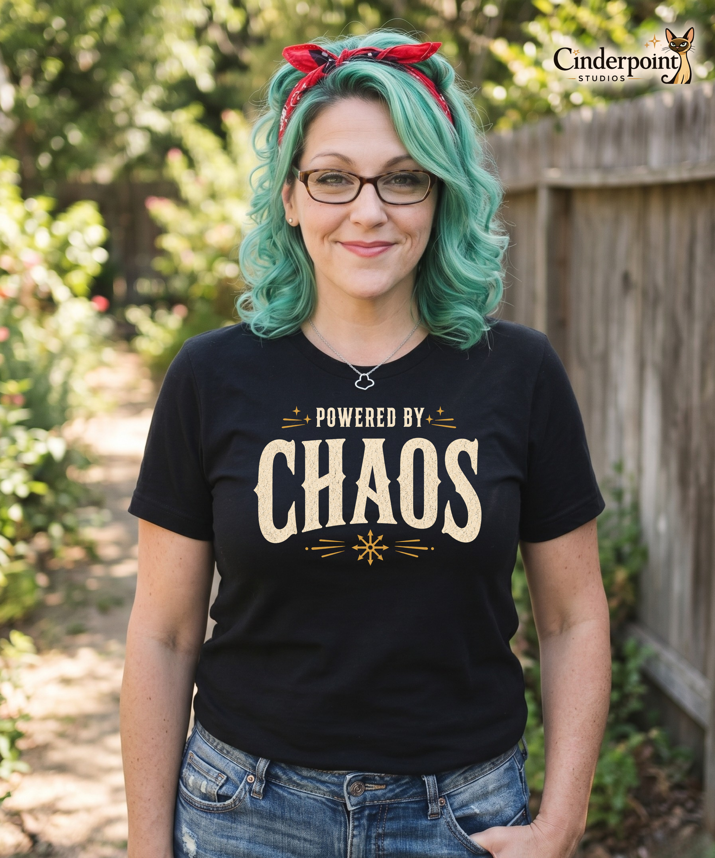Model wearing black Powered by Chaos t-shirt with vintage typography and chaos magick aesthetic