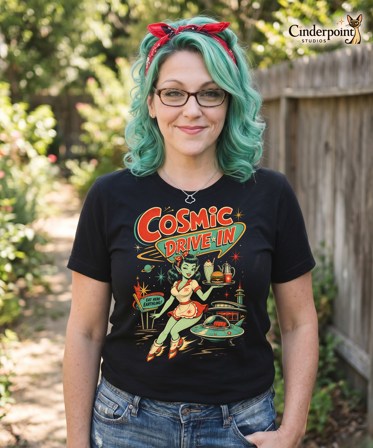 Cosmic Drive-In T-Shirt - Rockabilly Alien Waitress Pinup Retro Diner Tee