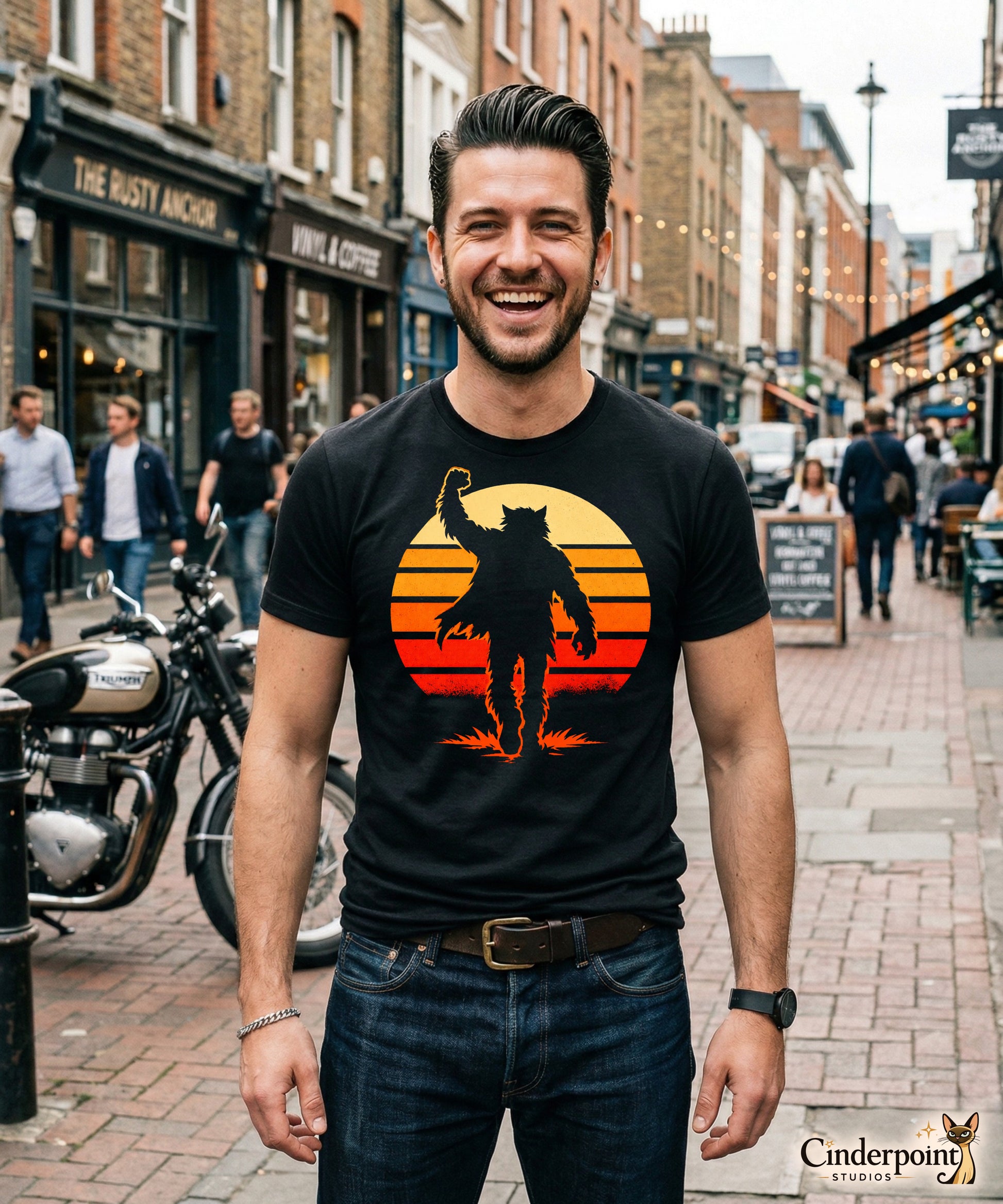 A retro-style graphic t-shirt featuring a werewolf version of Judd Nelson’s character from The Breakfast Club, raising a hairy fist in the air against a vibrant 80s sunburst.