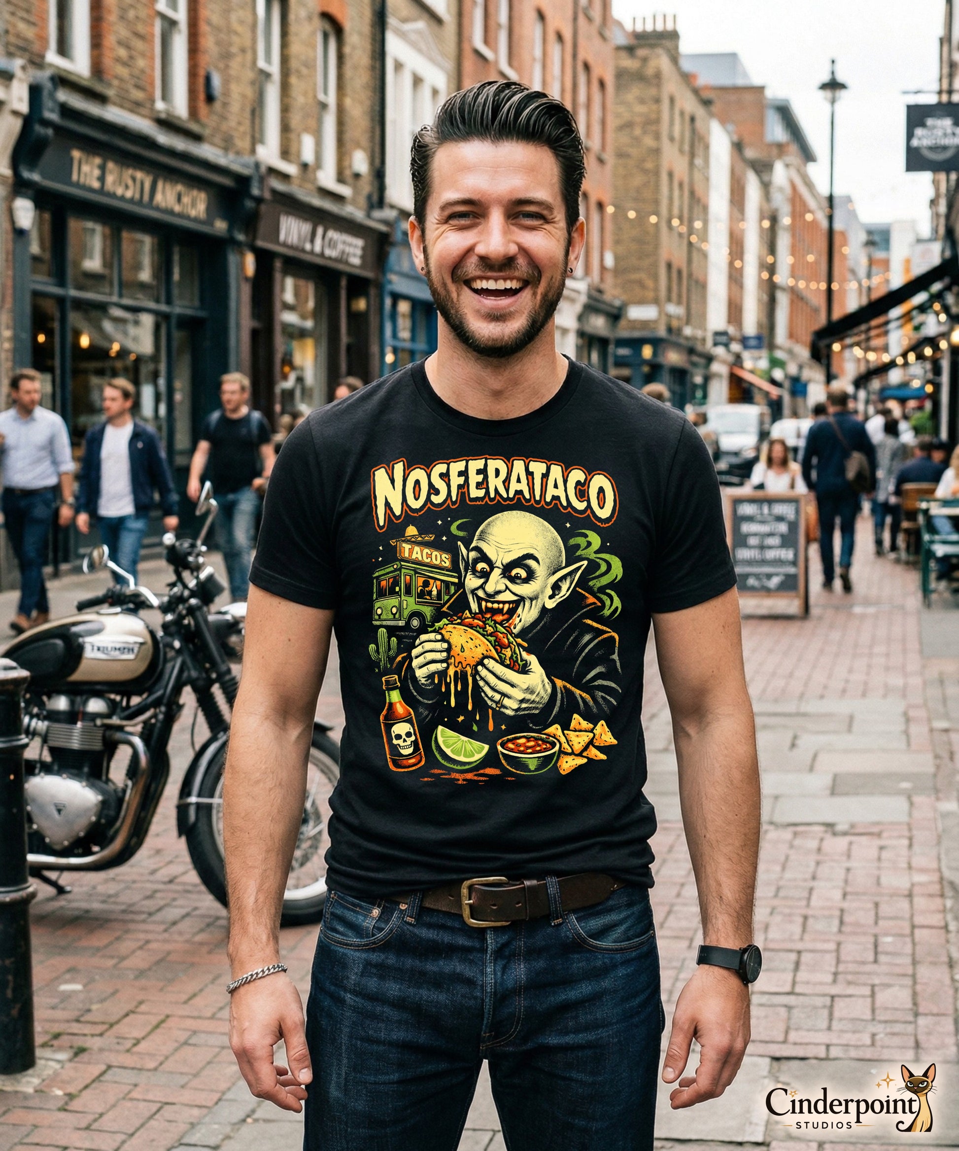A retro horror-style graphic t-shirt featuring the vampire Nosferatu holding a taco, with "Nosferataco" in stylized, campy cinematic lettering.