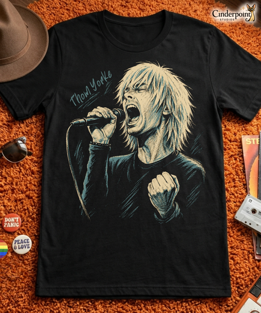 A stylized, high-contrast artistic portrait of Thom Yorke on a black t-shirt, capturing his iconic expressive features and indie rock aesthetic.