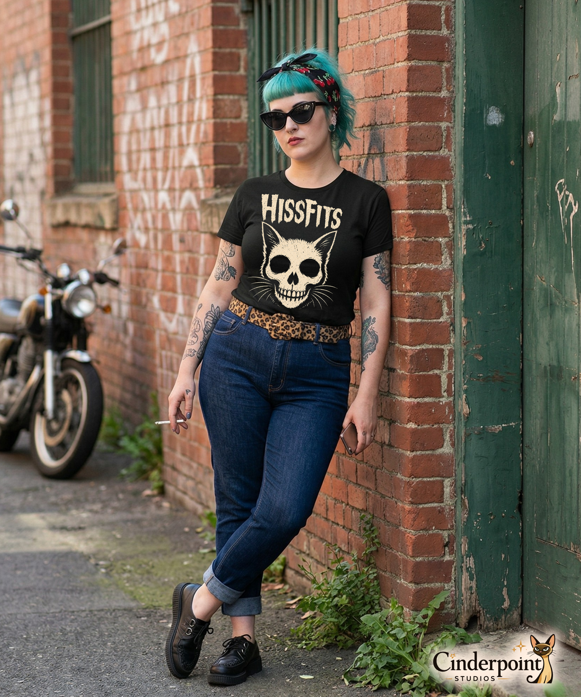 A retro horror-style graphic on a black t-shirt featuring a stylized cat skull with whiskers and pointed ears, with "HISSFITS" in iconic distressed punk-rock lettering.