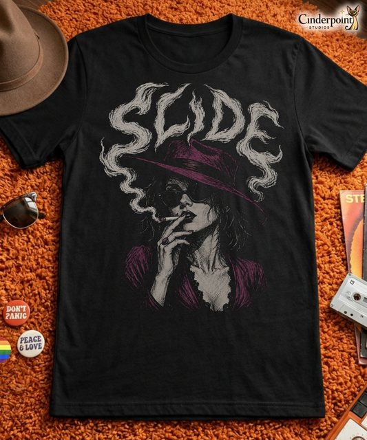 A gritty, high-contrast artistic portrait of Marla Singer on a black t-shirt, featuring her iconic stoic nature, sunglasses, and a cigarette.