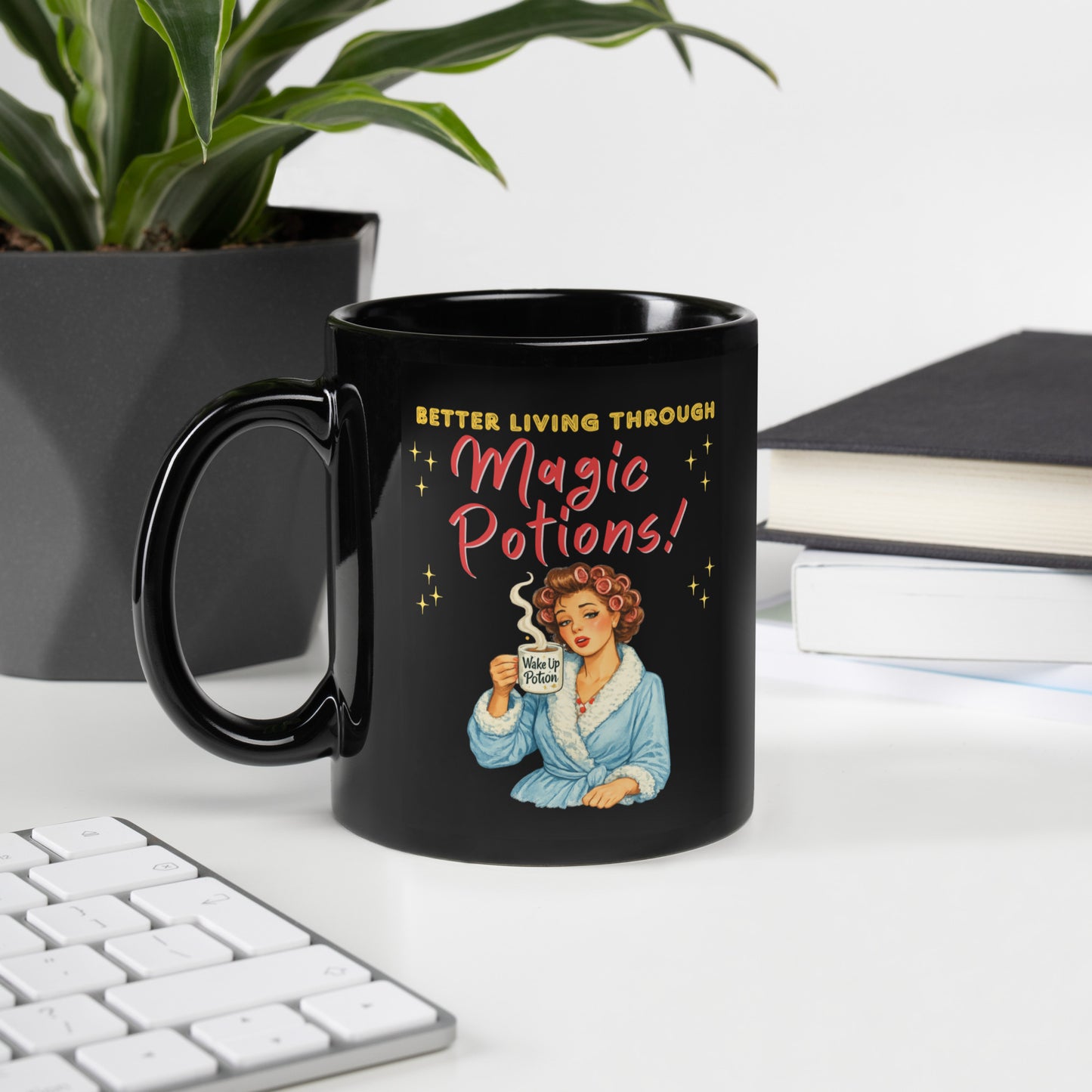 Better Living Through Magic Potions black ceramic mug — vintage retro housewife in pink rollers and blue fluffy robe holding a steaming Wake Up Potion mug, printed on both sides by Cinderpoint Studios