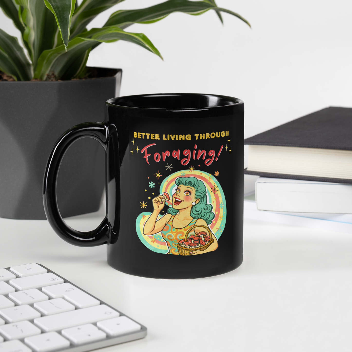 Better Living Through Foraging black ceramic mug — vintage retro housewife with teal hair and glowing eyes holding a red mushroom with basket of foraged mushrooms against rainbow halo, printed on both sides by Cinderpoint Studios