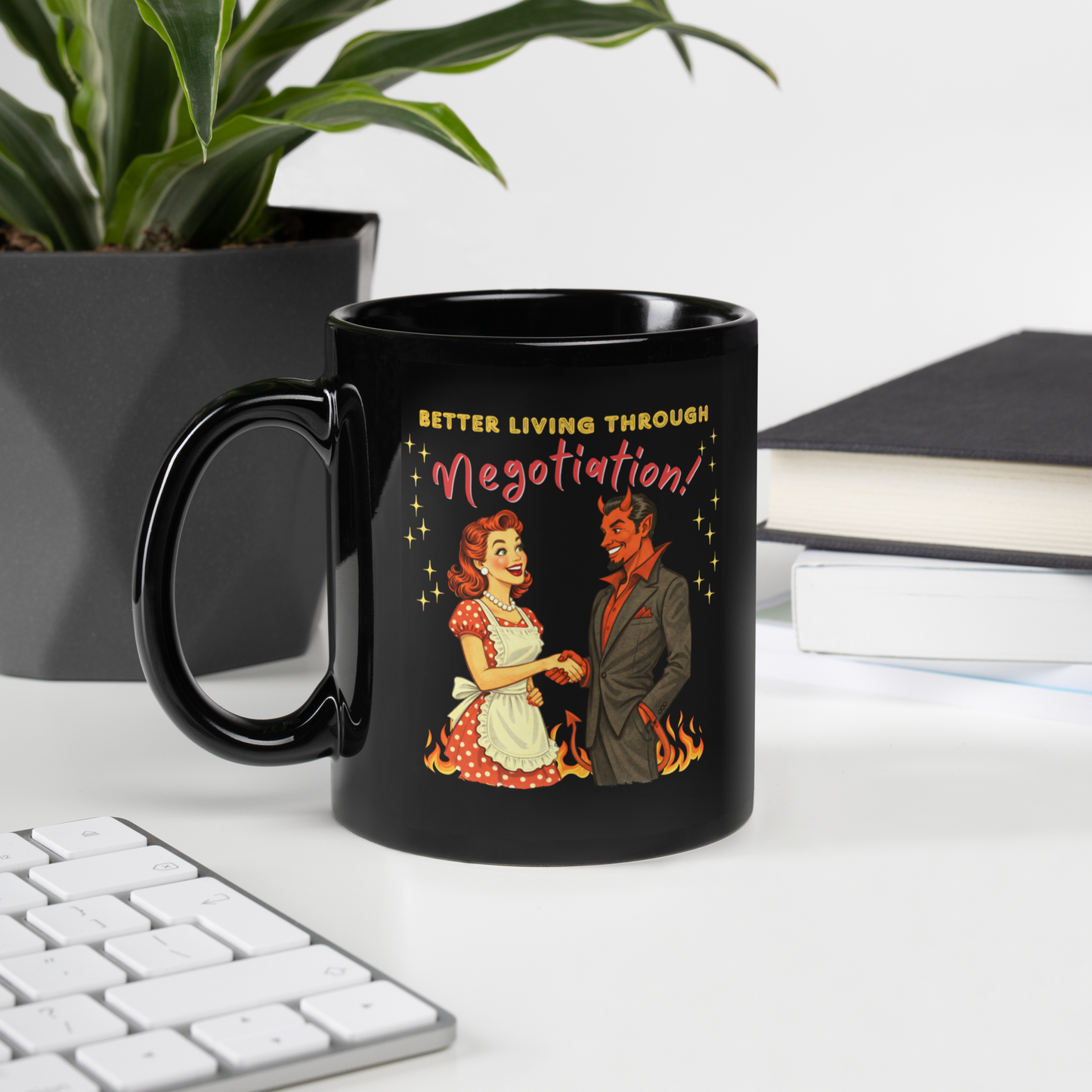 Better Living Through Negotiation black ceramic mug — vintage 1950s retro housewife in polka dot apron confidently shaking hands with a suited Devil amid flames, printed on both sides by Cinderpoint Studios