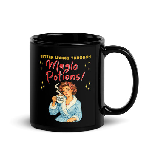 Better Living Through Magic Potions black ceramic mug — vintage retro housewife in pink rollers and blue fluffy robe holding a steaming Wake Up Potion mug, printed on both sides by Cinderpoint Studios