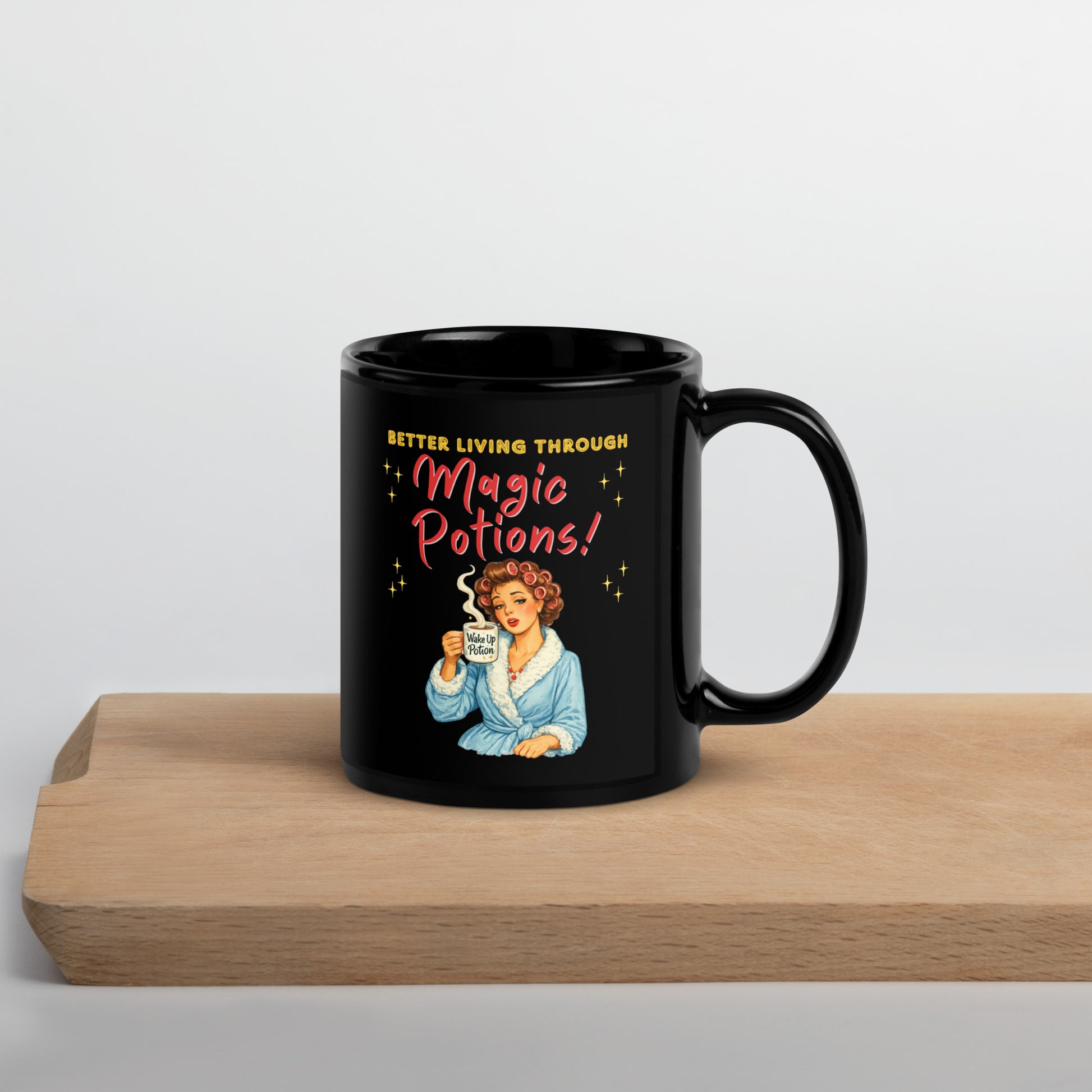 Better Living Through Magic Potions black ceramic mug — vintage retro housewife in pink rollers and blue fluffy robe holding a steaming Wake Up Potion mug, printed on both sides by Cinderpoint Studios