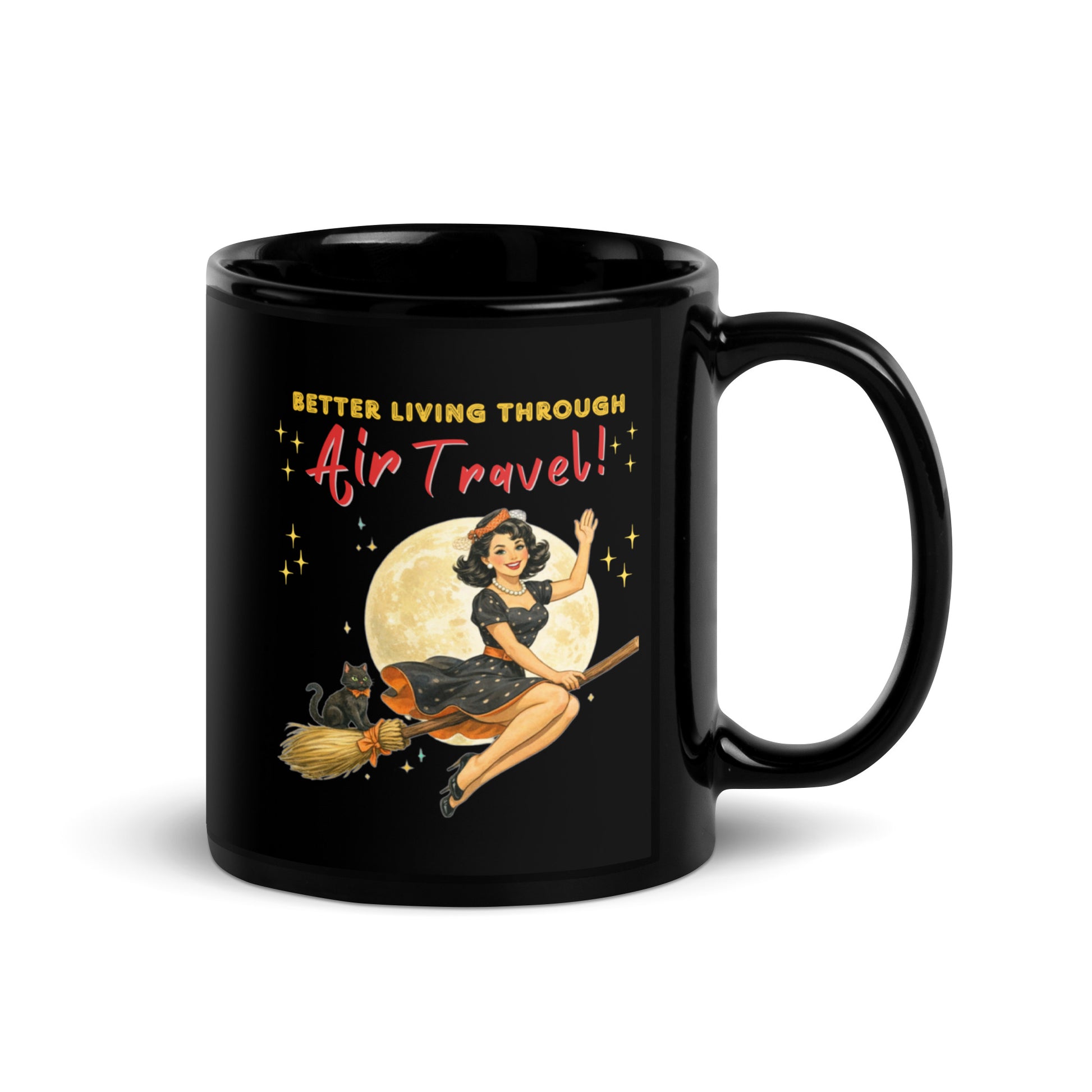 Better Living Through Air Travel black ceramic mug — vintage retro pinup witch in black polka dot dress and stewardess hat riding a broom in front of a full moon with dapper black cat familiar in orange bow tie, printed on both sides by Cinderpoint Studios