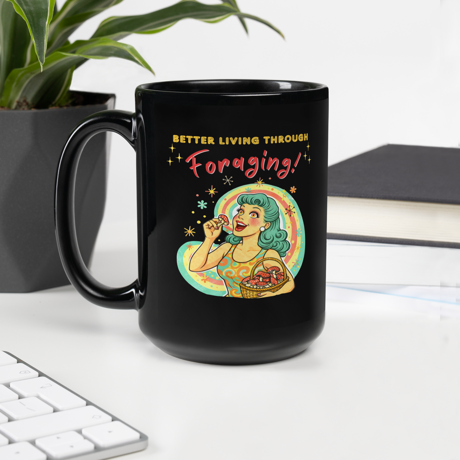 Better Living Through Foraging black ceramic mug — vintage retro housewife with teal hair and glowing eyes holding a red mushroom with basket of foraged mushrooms against rainbow halo, printed on both sides by Cinderpoint Studios