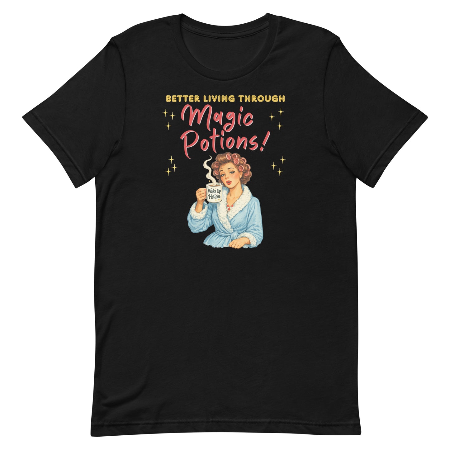 Close-up of the "Better Living Through Magic Potions" design on a premium charcoal-colored t-shirt.