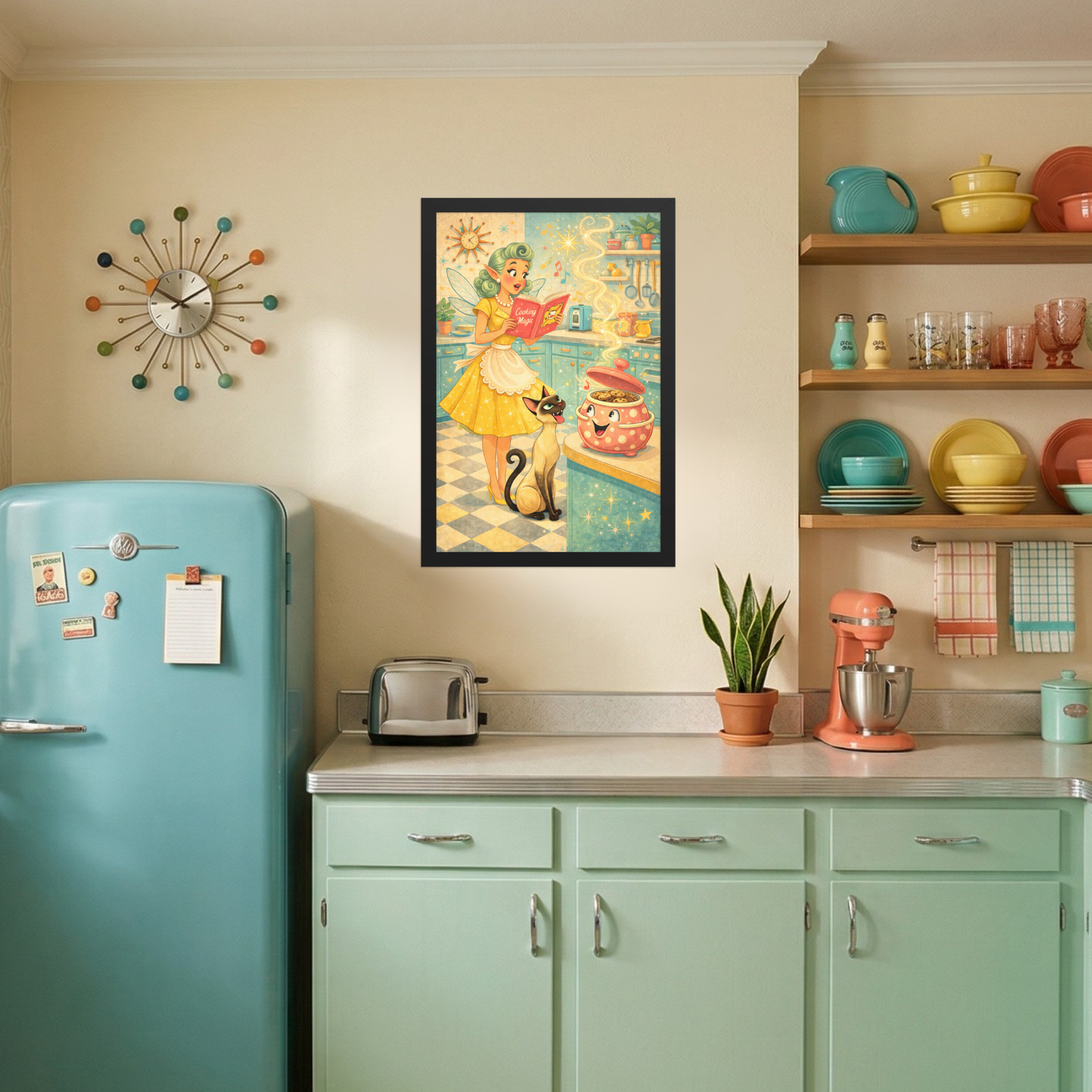 Close-up of framed retro pixie kitchen wall art above a mint countertop in a pastel mid-century kitchen with vintage appliances and soft natural light.