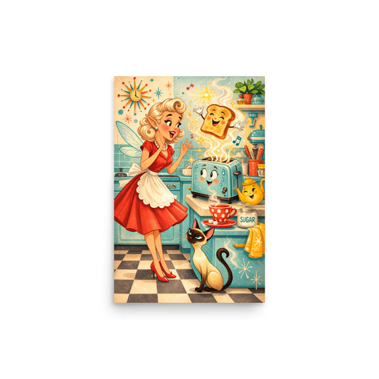 The Mischievous Toaster art print — retro pixie housewife and Lyle the Siamese cat in an enchanted 1950s kitchen with singing toast and smirking teapot, museum quality matte poster by Cinderpoint Studios