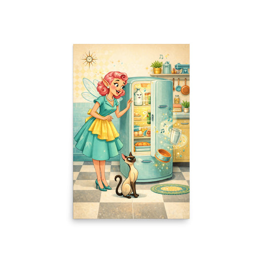Feeding Lyle art print — pink haired retro pixie fairy magically floating a cat bowl toward Lyle the Siamese in a glowing enchanted 1950s kitchen, museum quality matte poster by Cinderpoint Studios
