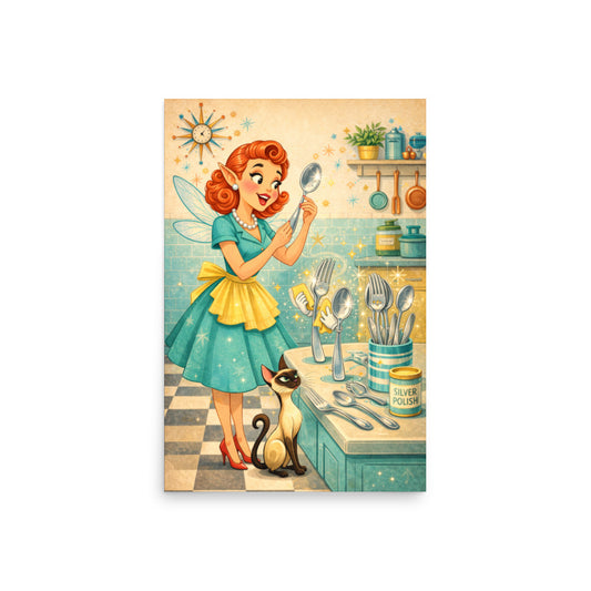 The Self-Polishing Silver art print — redheaded retro pixie fairy inspecting a spoon while enchanted silverware polishes itself and Lyle the Siamese watches skeptically, museum quality matte poster by Cinderpoint Studios