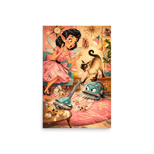 The Vacuum of Persistence art print — Lyle the Siamese cat confronting an angry enchanted vacuum cleaner while horrified pixie fairy watches and dust bunnies flee in a retro 1950s living room, museum quality matte poster by Cinderpoint Studios
