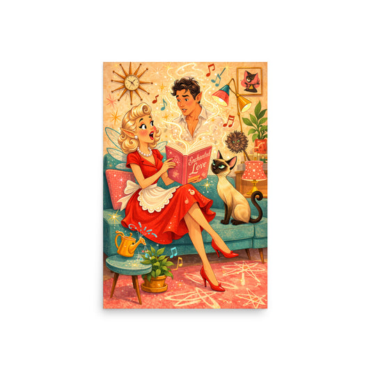 Enchanted Love art print — blonde retro pixie fairy accidentally conjuring a young man from a romance novel while Lyle the Siamese cat watches skeptically on a vintage teal sofa, museum quality matte poster by Cinderpoint Studios