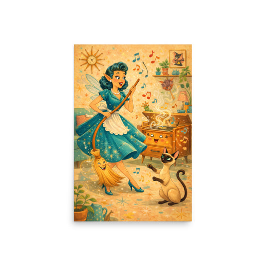 The Sweep Step art print — teal haired retro pixie fairy dancing with a grinning enchanted broom while Lyle the Siamese cat raises a paw to join in and a happy record player plays music, museum quality matte poster by Cinderpoint Studios