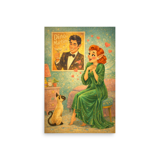 I Love Dino Martini art print — redheaded retro pixie fairy swooning over a Dino Martini poster with hearts floating while Lyle the Siamese watches from the floor of a vintage 1950s bedroom, museum quality matte poster by Cinderpoint Studios