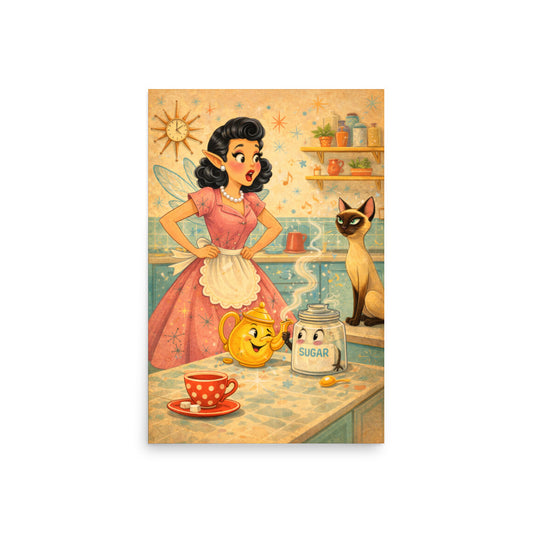The Gossiping Teapot art print — black haired retro pixie fairy catching a smirking golden teapot whispering secrets to a wide eyed sugar jar while Lyle the Siamese listens from the counter, museum quality matte poster by Cinderpoint Studios
