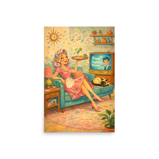 Martini Time art print — lavender haired retro pixie fairy reclining on a teal sofa with a martini tray watching Pixie Nightly News while Lyle the Siamese sleeps peacefully on the armrest, museum quality matte poster by Cinderpoint Studios