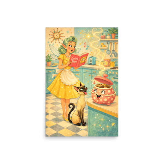 The Cookie Bandit art print — Lyle the Siamese cat with tongue out plotting with an enchanted polka dot cookie jar while green haired retro pixie reads her Cooking Magic cookbook nearby, museum quality matte poster by Cinderpoint Studios
